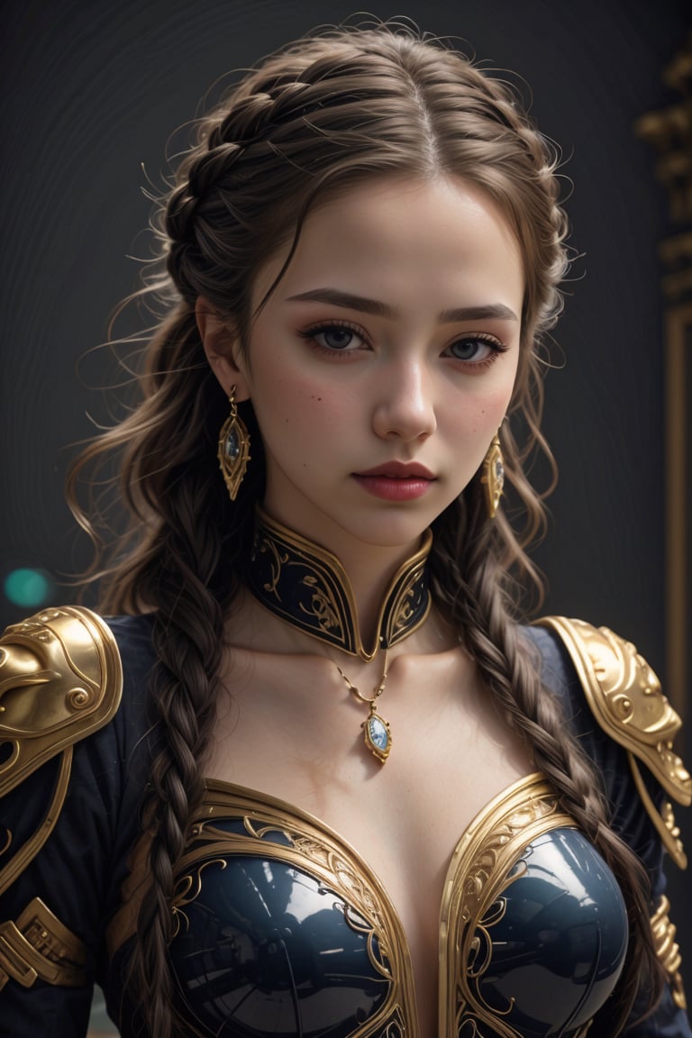 (best quality, 4k, 8k, highres, masterpiece:1.2), ultra-detailed, (realistic, photorealistic, photo-realistic:1.37), 1girl,solo,long hair,looking at viewer,blue eyes,blonde hair,jewelry,upper body,braid,earrings,necklace,armor,twin braids,lips,makeup,facial mark,shoulder armor,hair over shoulder,forehead mark,realistic,forehead jewel