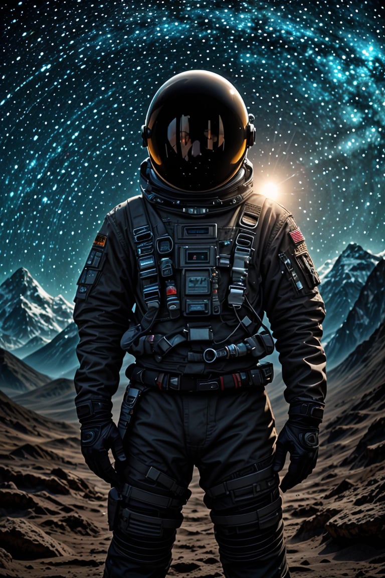 (best quality, 4k, 8k, highres, masterpiece:1.2), ultra-detailed, (realistic, photorealistic, photo-realistic:1.37), 1boy,solo,gloves,standing,helmet,star (sky),rock,space,planet,spacesuit,space helmet,astronaut