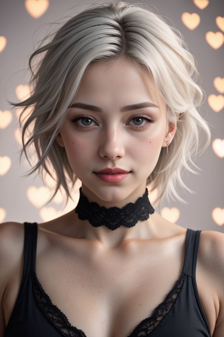 (best quality,8K,highres,masterpiece), ultra-detailed, (realistic portrait), 1girl, heart-shaped pupils, white hair, purple eyes, (blush:1.1), choker, upper body, trembling, sweat, sweatdrop, heart, (medium breasts:0.6), love, heart, crop top, happy, smile, lace, bokeh, (freckles:0.8), natural skin texture, portrait