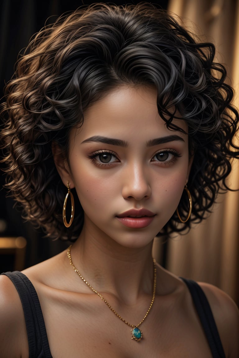 (best quality, 4k, 8k, highres, masterpiece:1.2), ultra-detailed, (realistic, photorealistic, photo-realistic:1.37), 1girl,solo,looking at viewer,black hair,brown eyes,jewelry,upper body,earrings,dark skin,necklace,dark-skinned female,lips,portrait,curly hair,hoop earrings,very dark skin,afro