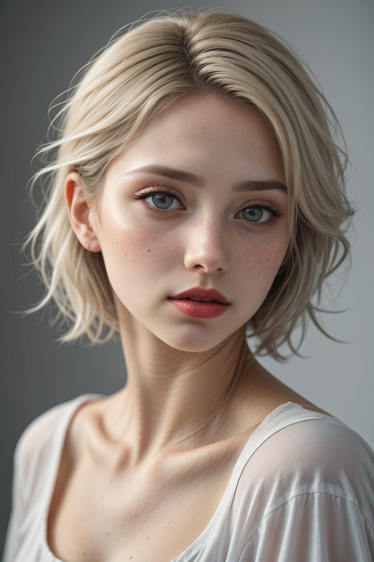 (best quality, 4k, 8k, highres, masterpiece:1.2), ultra-detailed, (realistic, photorealistic, photo-realistic:1.37), 1girl,solo,looking at viewer,short hair,blue eyes,blonde hair,simple background,white background,white hair,parted lips,grey background,makeup,lipstick,portrait,freckles,realistic,red lips