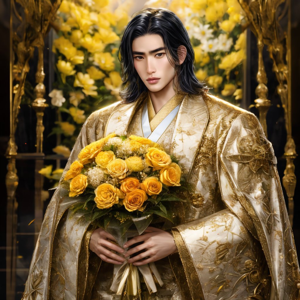 male, black hair, black eyes, asian, clothes in yellow suit, holding a bouquet of flowers  <lora:ludovic:0.7>