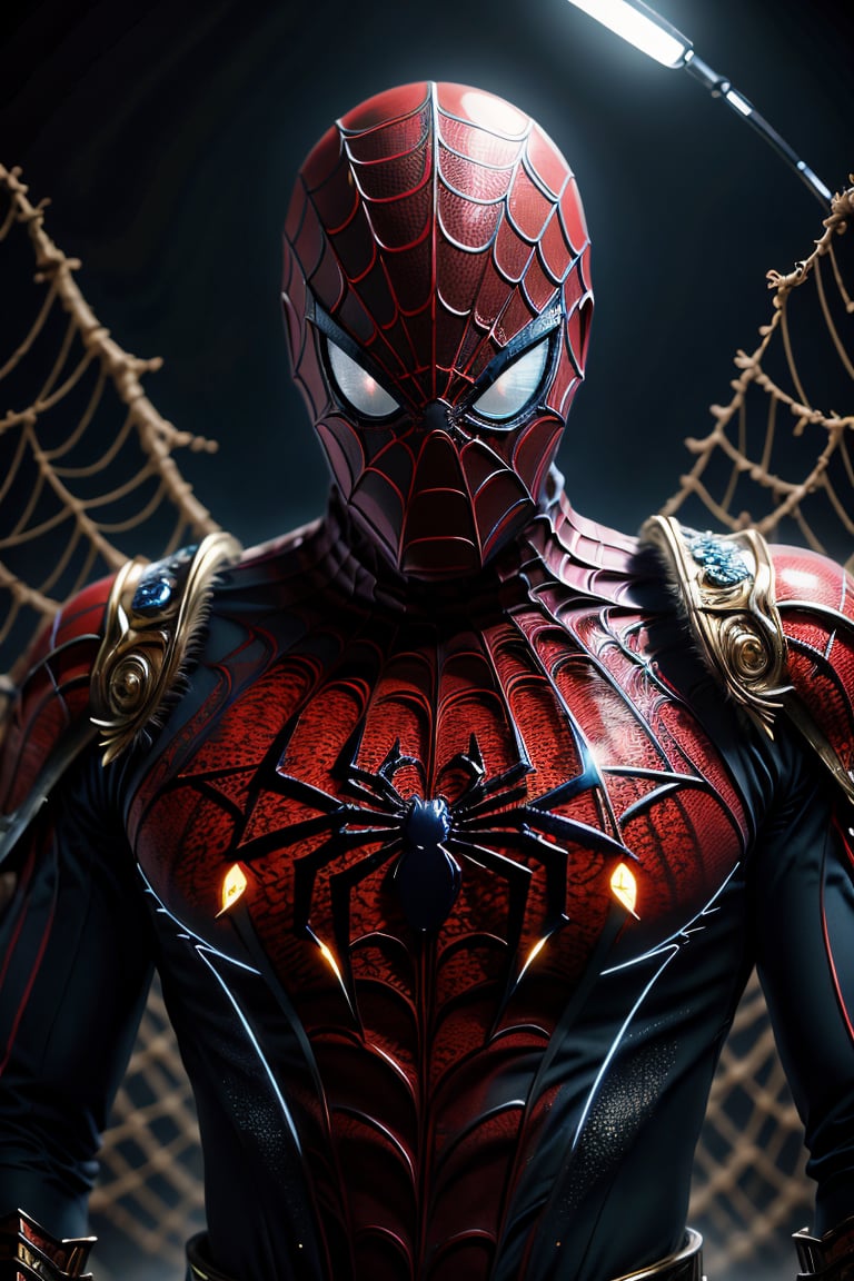 (best quality, 4k, 8k, highres, masterpiece:1.2), ultra-detailed, (realistic, photorealistic, photo-realistic:1.37), solo,looking at viewer,blue eyes,1boy,upper body,male focus,armor,blurry,blurry background,glowing,glowing eyes,spider web print,tokusatsu