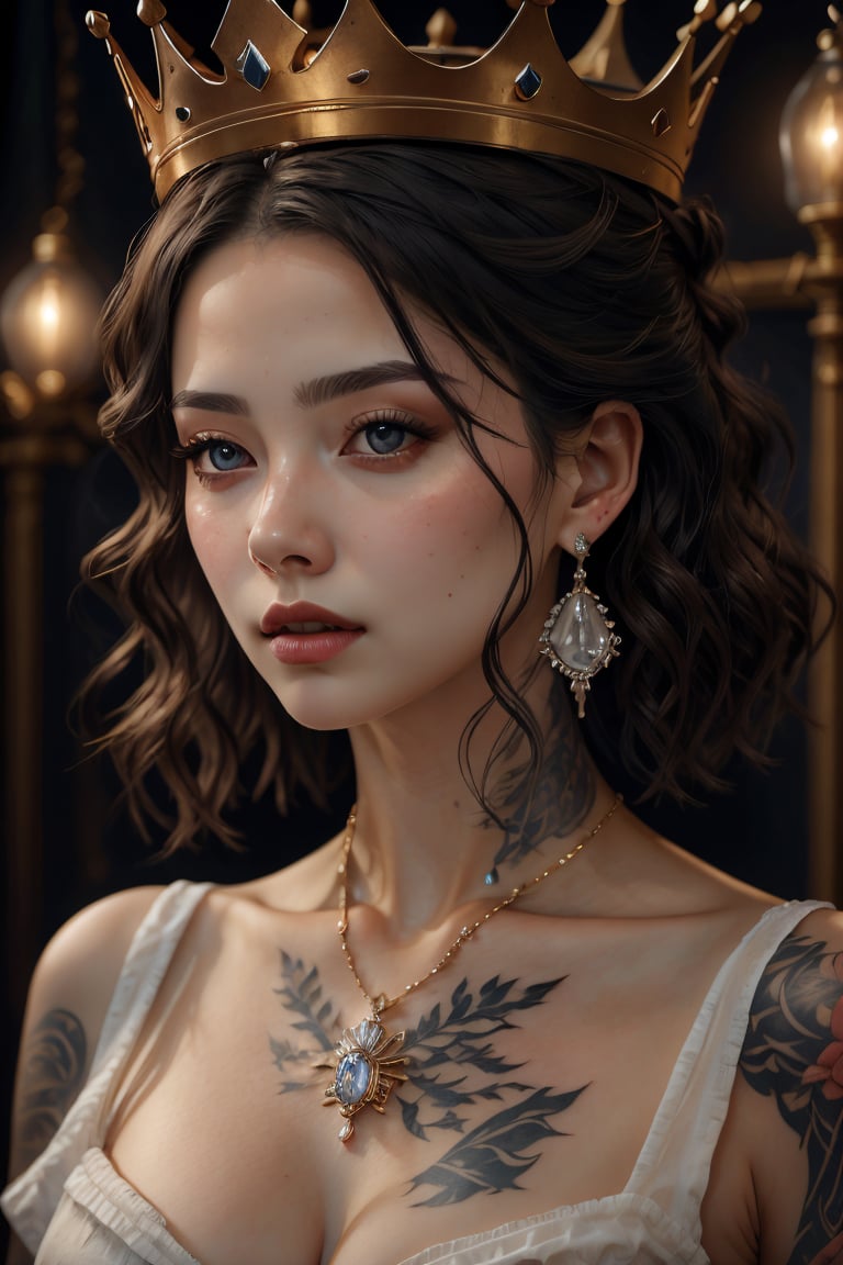 (best quality, 4k, 8k, highres, masterpiece:1.2), ultra-detailed, (realistic, photorealistic, photo-realistic:1.37), 1girl,solo,breasts,looking at viewer,short hair,cleavage,bare shoulders,jewelry,closed mouth,monochrome,upper body,greyscale,earrings,lips,tattoo,facial mark,crown,realistic