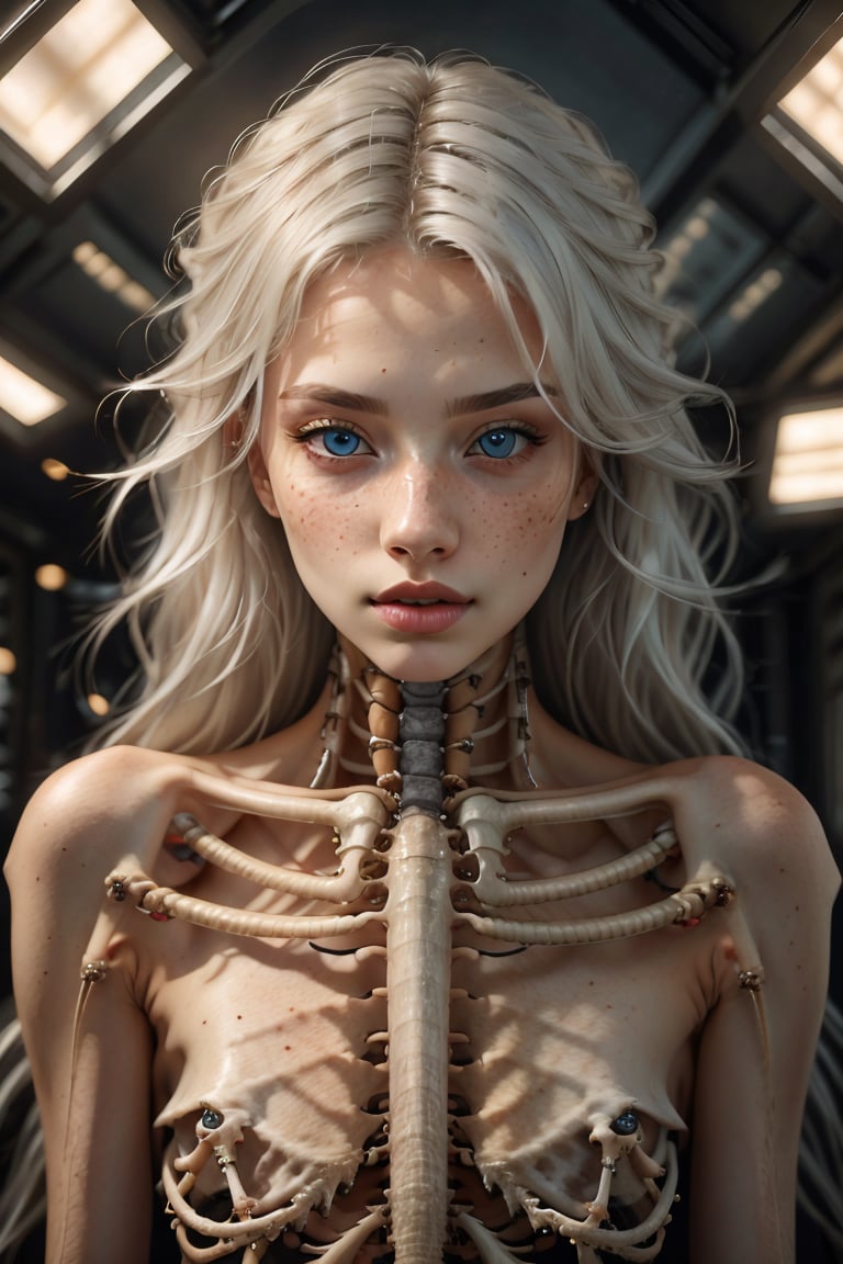 (best quality, 4k, 8k, highres, masterpiece:1.2), ultra-detailed, (realistic, photorealistic, photo-realistic:1.37), 1girl,solo,long hair,looking at viewer,blue eyes,blonde hair,upper body,white hair,nude,lips,freckles,science fiction,realistic,nose,ribs,skeleton,spine