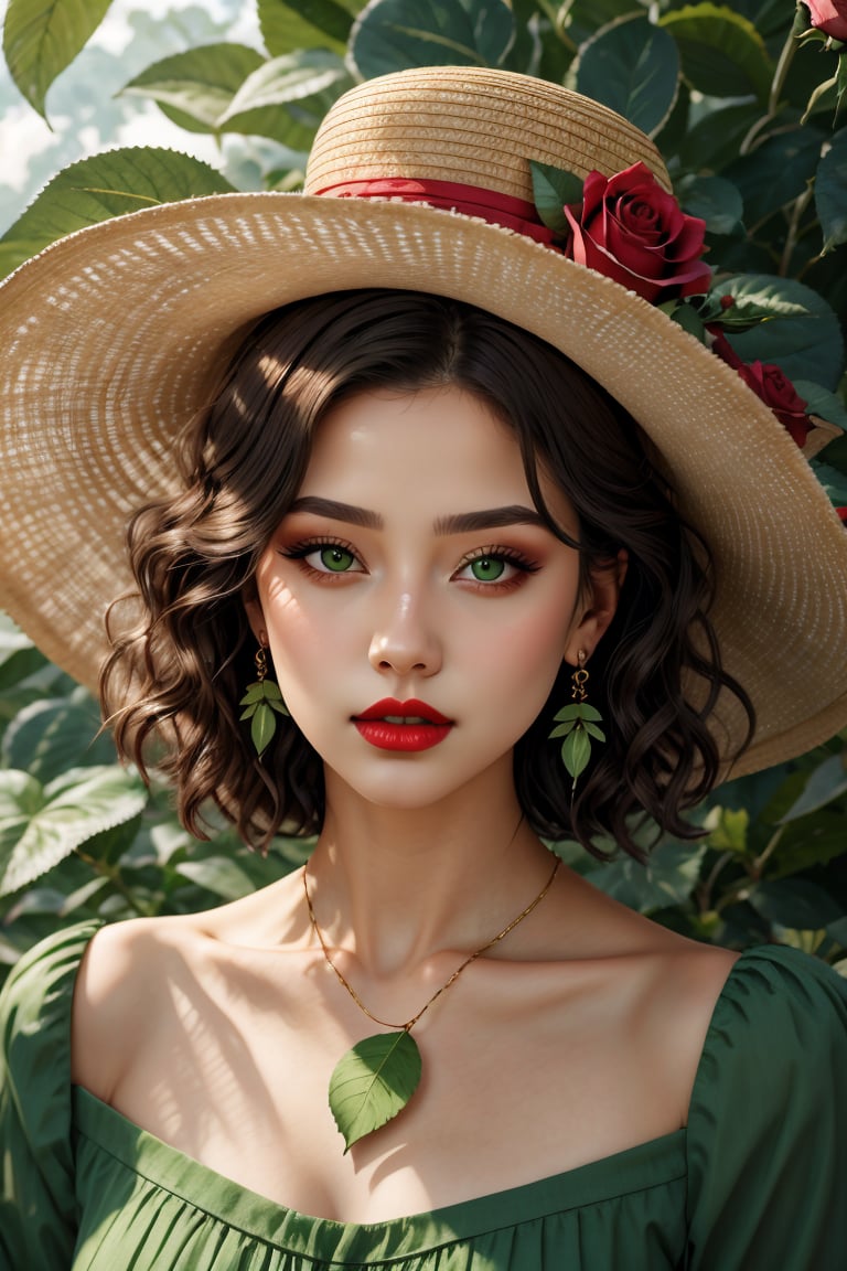 (best quality, 4k, 8k, highres, masterpiece:1.2), ultra-detailed, (realistic, photorealistic, photo-realistic:1.37), 1girl,solo,breasts,looking at viewer,short hair,brown hair,black hair,hat,dress,jewelry,medium breasts,green eyes,upper body,flower,earrings,parted lips,lips,eyelashes,makeup,rose,leaf,hat ribbon,plant,nature,curly hair,green dress,sun hat,yellow flower,nose,green headwear,hat flower,red lips,green theme