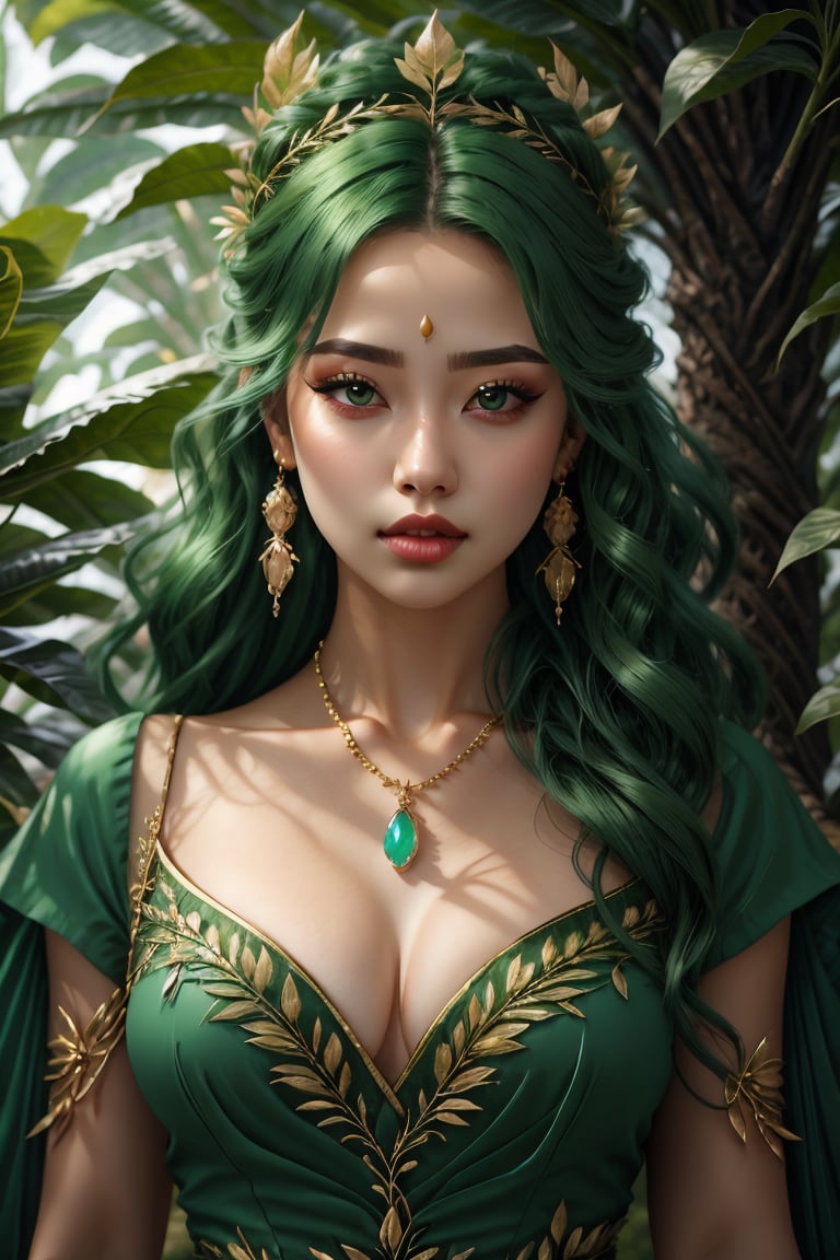 (best quality, 4k, 8k, highres, masterpiece:1.2), ultra-detailed, (realistic, photorealistic, photo-realistic:1.37), 1girl,solo,long hair,breasts,looking at viewer,dress,cleavage,jewelry,medium breasts,green eyes,upper body,earrings,green hair,necklace,lips,eyelashes,makeup,leaf,wavy hair,plant,gem,nature,green dress,realistic,nose,green theme,green gemstone