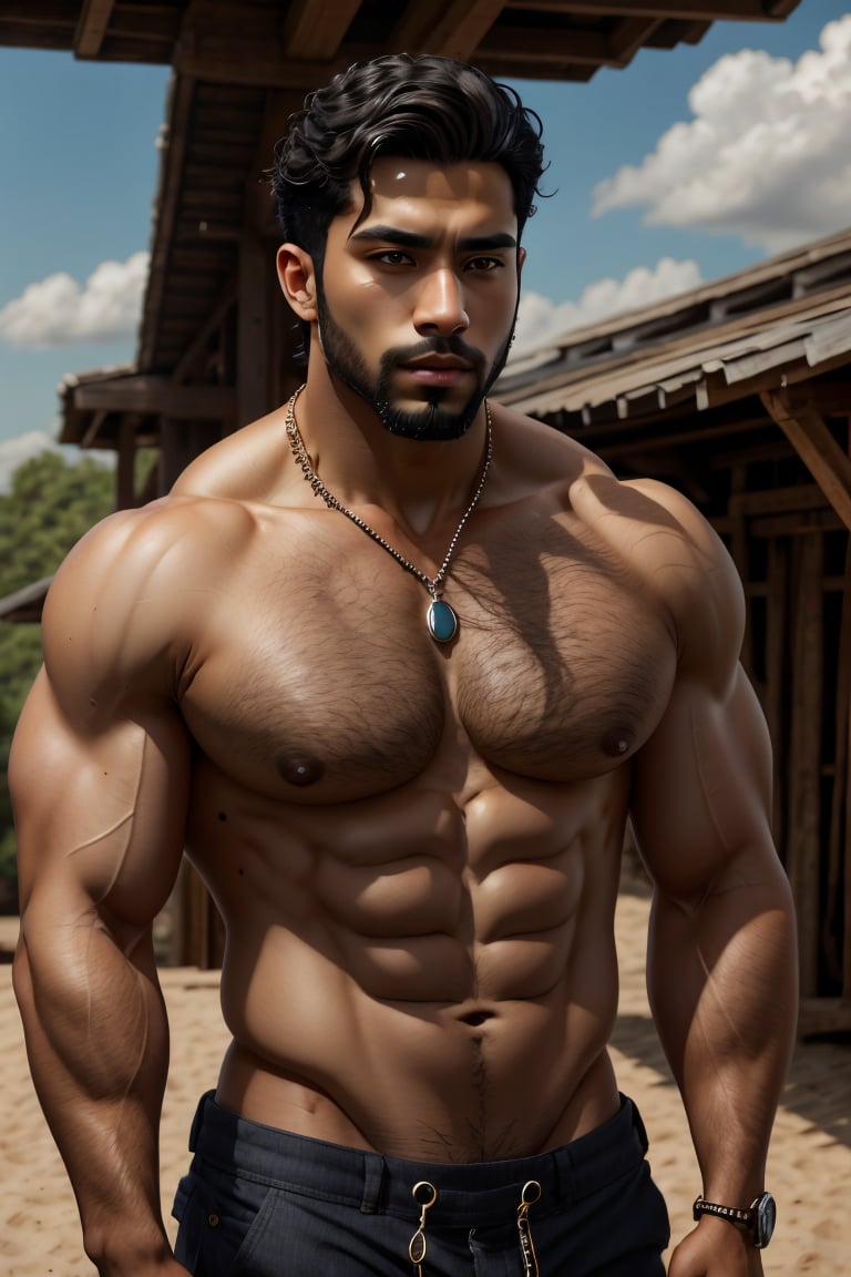 (best quality, 4k, 8k, highres, masterpiece:1.2), ultra-detailed, (realistic, photorealistic, photo-realistic:1.37), solo,short hair,black hair,1boy,navel,jewelry,nipples,male focus,outdoors,sky,day,dark skin,necklace,bracelet,muscular,facial hair,abs,dark-skinned male,pectorals,muscular male,bara,beard,large pectorals,topless male,manly,chest hair,very dark skin