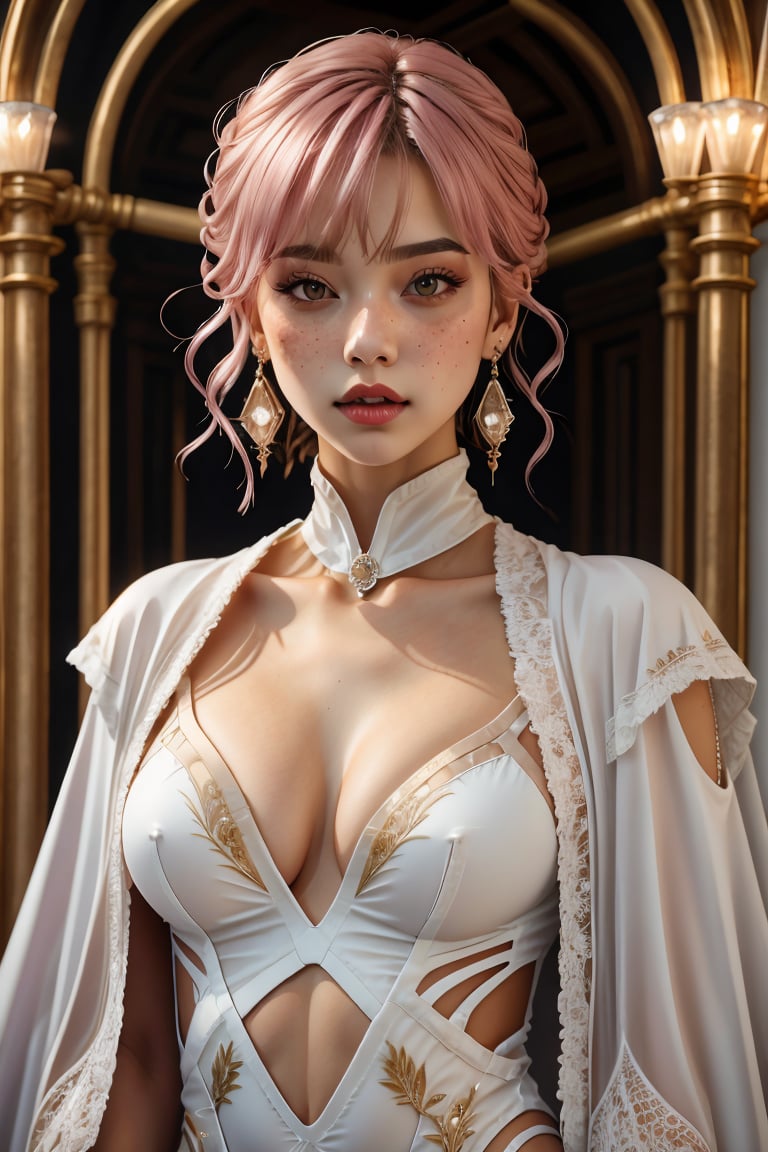 (best quality, 4k, 8k, highres, masterpiece:1.2), ultra-detailed, (realistic, photorealistic, photo-realistic:1.37), 1girl,solo,breasts,looking at viewer,short hair,bangs,hair ornament,cleavage,brown eyes,jewelry,medium breasts,upper body,pink hair,earrings,detached sleeves,cape,leotard,lips,clothing cutout,covered navel,swept bangs,cleavage cutout,gem,freckles,realistic,nose,white leotard,white cape