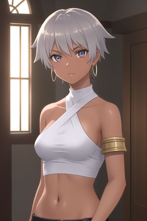 SamiraDanmachi, 1girl, solo, short hair, grey hair, navel, brown eyes, jewelry, medium breasts, bikini, earrings, short shorts, dark skin, dark-skinned female, underboob, halterneck, armlet, hoop earrings, very dark skin, perfect eyebrows, (perfect hair), perfect hands, perfect fingers, perfect anatomy, perfect body, perfect face, BREAK looking at viewer, arms down, BREAK indoors, castle, BREAK looking at viewer, (cowboy shot:1.5), (upper body:1.5), dynamic pose, BREAK <lyco:GoodHands-beta2:1>, (masterpiece:1.2), best quality, high resolution, unity 8k wallpaper, (illustration:0.8), (beautiful detailed eyes:1.6), extremely detailed face, perfect lighting, extremely detailed CG, (perfect hands, perfect anatomy),