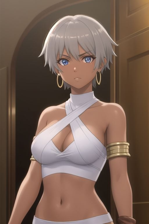 SamiraDanmachi, 1girl, solo, short hair, grey hair, navel, brown eyes, jewelry, medium breasts, bikini, earrings, short shorts, dark skin, dark-skinned female, underboob, halterneck, armlet, hoop earrings, very dark skin, perfect eyebrows, (perfect hair), perfect hands, perfect fingers, perfect anatomy, perfect body, perfect face, BREAK looking at viewer, arms down, BREAK indoors, castle, BREAK looking at viewer, (cowboy shot:1.5), (upper body:1.5), dynamic pose, BREAK <lyco:GoodHands-beta2:1>, (masterpiece:1.2), best quality, high resolution, unity 8k wallpaper, (illustration:0.8), (beautiful detailed eyes:1.6), extremely detailed face, perfect lighting, extremely detailed CG, (perfect hands, perfect anatomy),