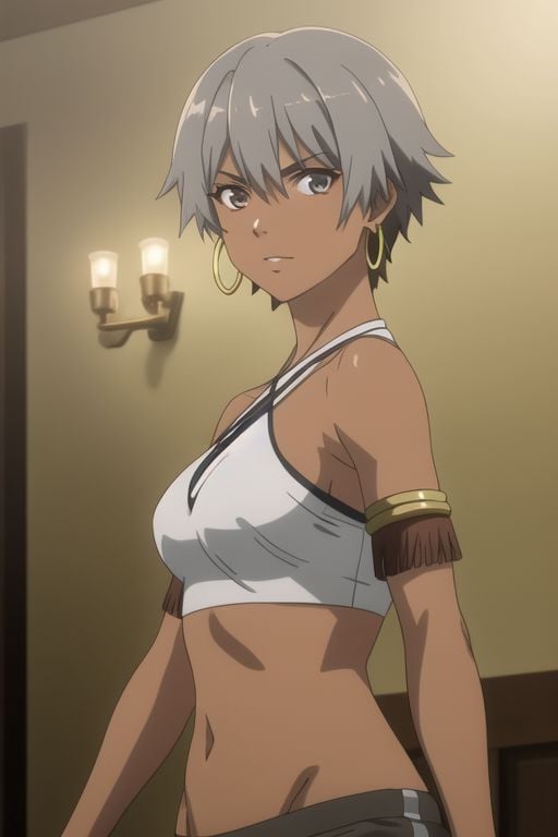 SamiraDanmachi, 1girl, solo, short hair, grey hair, navel, brown eyes, jewelry, medium breasts, bikini, earrings, short shorts, dark skin, dark-skinned female, underboob, halterneck, armlet, hoop earrings, very dark skin, perfect eyebrows, (perfect hair), perfect hands, perfect fingers, perfect anatomy, perfect body, perfect face, BREAK looking at viewer, arms down, BREAK indoors, castle, BREAK looking at viewer, (cowboy shot:1.5), (upper body:1.5), dynamic pose, BREAK <lyco:GoodHands-beta2:1>, (masterpiece:1.2), best quality, high resolution, unity 8k wallpaper, (illustration:0.8), (beautiful detailed eyes:1.6), extremely detailed face, perfect lighting, extremely detailed CG, (perfect hands, perfect anatomy),