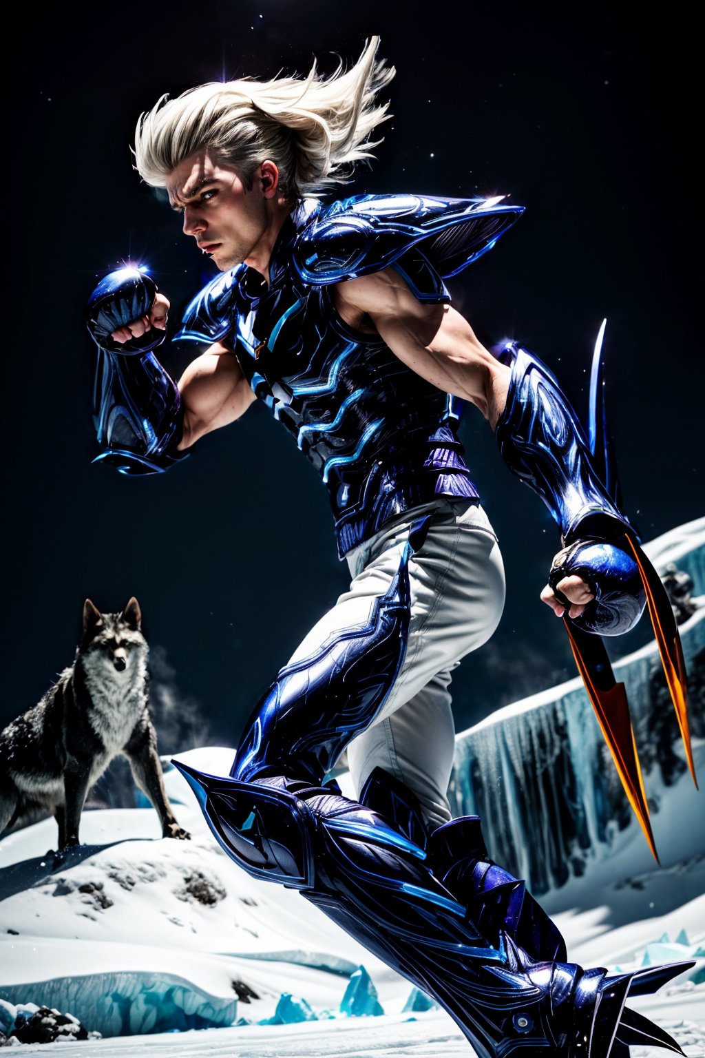 1boy, extremely detailed, realistic, intricate details, highres, (cinematic lighting, sunlight, perfect lighting, backlighting), eye-level shot, extreme close-up-shot, in the antartica in an ice castle under the full moon, Blue Navy Armor, (Blue Navy armor boots), ((metal claws in fists)), ((white long disheveled hair mullet male cut hair)), white lycra tight pants under armor, FenrirV2, black wolfs arround him, throwing a punch in the air, front view,  lookin the viewer