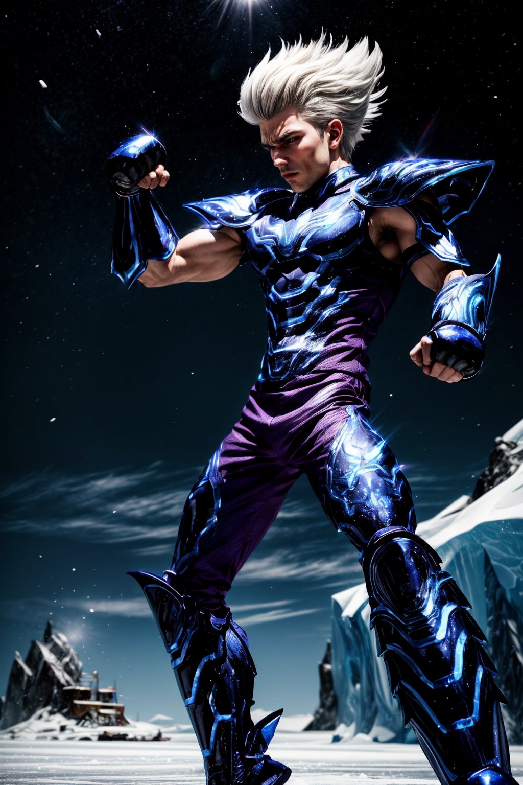 1boy, extremely detailed, realistic, intricate details, highres, (cinematic lighting, sunlight, perfect lighting, backlighting), eye-level shot, extreme close-up-shot, in the antartica in an ice castle under the full moon, Blue Navy Armor, (Blue Navy armor boots), ((metal claws in fists)), ((white long disheveled hair mullet male cut hair)), white lycra pants under armor, FenrirV2, black wolfs arround him, throwing a punch in the air, front view,  lookin the viewer