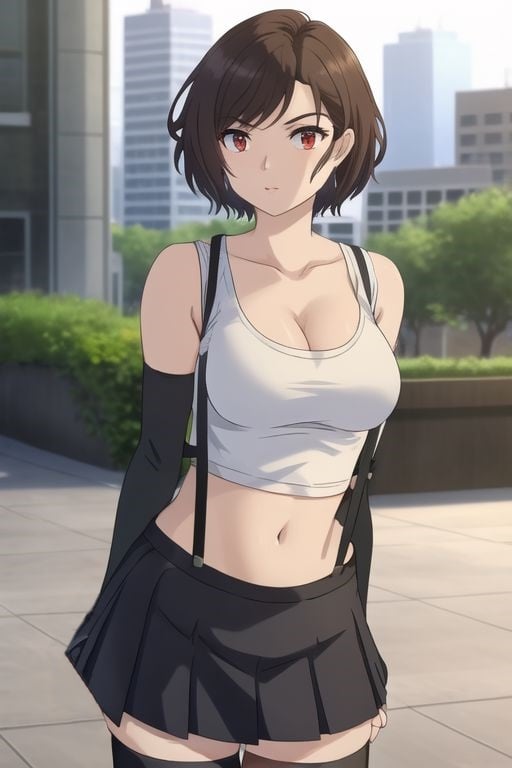 ShortHairTifa, 1girl, solo, short hair, ((large breasts)), brown hair, ((red eyes)), ((black gloves)), ((navel)), ((cleavage)), ((bare shoulders)), ((jewelry)), ((collarbone)), ((pleated skirt)), ((elbow gloves)), ((midriff)), ((black thighhighs)), ((miniskirt)), ((fingerless gloves)), ((black skirt)), ((white tank top)), ((skindentation)), ((swept bangs)), ((suspenders)), ((suspender skirt)), ((taut clothes)), ((dangle earrings)), frontal view, arms down, (upper body:1.5), perfect eyebrows, (perfect hair), perfect hands, perfect fingers, perfect anatomy, perfect body, perfect face, BREAK looking at viewer, arms down, BREAK outdoors, BREAK looking at viewer, (cowboy shot:1.5), city on background, dynamic pose, BREAK <lyco:GoodHands-beta2:1>, (masterpiece:1.2), best quality, high resolution, unity 8k wallpaper, (illustration:0.8), (beautiful detailed eyes:1.6), extremely detailed face, perfect lighting, extremely detailed CG, (perfect hands, perfect anatomy),