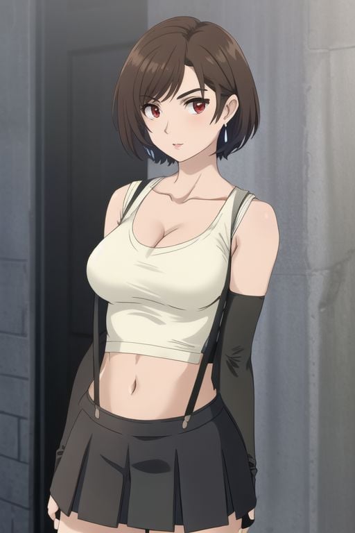 ShortHairTifa, 1girl, solo, short hair, ((large breasts)), brown hair, ((red eyes)), ((black gloves)), ((navel)), ((cleavage)), ((bare shoulders)), ((jewelry)), ((collarbone)), ((pleated skirt)), ((elbow gloves)), ((midriff)), ((black thighhighs)), ((miniskirt)), ((fingerless gloves)), ((black skirt)), ((white tank top)), ((skindentation)), ((swept bangs)), ((suspenders)), ((suspender skirt)), ((taut clothes)), ((dangle earrings)), arms down, ((upper body)), perfect eyebrows, (perfect hair), perfect hands, perfect fingers, perfect anatomy, perfect body, perfect face, BREAK looking at viewer, arms down, BREAK indoors, castle, BREAK looking at viewer, (cowboy shot:1.5), (upper body:1.5), dynamic pose, BREAK <lyco:GoodHands-beta2:1>, (masterpiece:1.2), best quality, high resolution, unity 8k wallpaper, (illustration:0.8), (beautiful detailed eyes:1.6), extremely detailed face, perfect lighting, extremely detailed CG, (perfect hands, perfect anatomy),