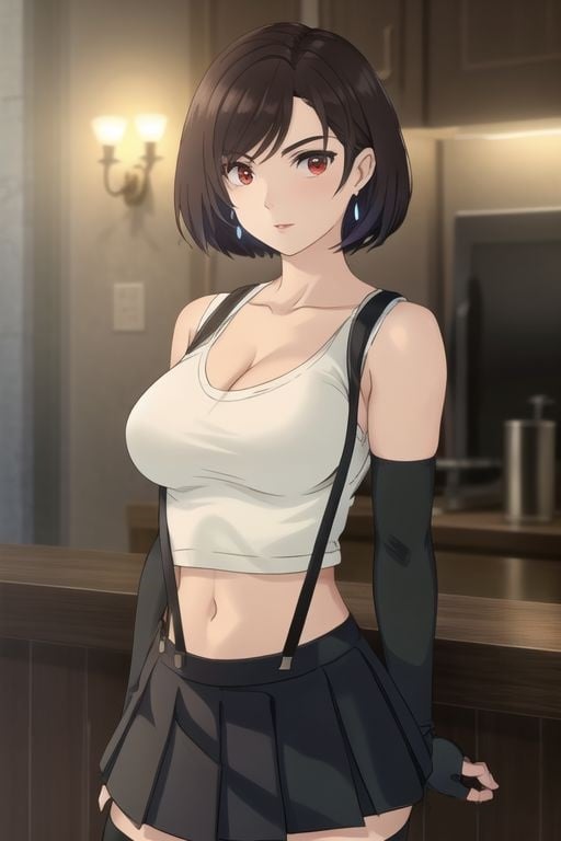 ShortHairTifa, 1girl, solo, short hair, ((large breasts)), brown hair, ((red eyes)), ((black gloves)), ((navel)), ((cleavage)), ((bare shoulders)), ((jewelry)), ((collarbone)), ((pleated skirt)), ((elbow gloves)), ((midriff)), ((black thighhighs)), ((miniskirt)), ((fingerless gloves)), ((black skirt)), ((white tank top)), ((skindentation)), ((swept bangs)), ((suspenders)), ((suspender skirt)), ((taut clothes)), ((dangle earrings)), arms down, ((upper body)), perfect eyebrows, (perfect hair), perfect hands, perfect fingers, perfect anatomy, perfect body, perfect face, BREAK looking at viewer, arms down, BREAK indoors, castle, BREAK looking at viewer, (cowboy shot:1.5), (upper body:1.5), dynamic pose, BREAK <lyco:GoodHands-beta2:1>, (masterpiece:1.2), best quality, high resolution, unity 8k wallpaper, (illustration:0.8), (beautiful detailed eyes:1.6), extremely detailed face, perfect lighting, extremely detailed CG, (perfect hands, perfect anatomy),