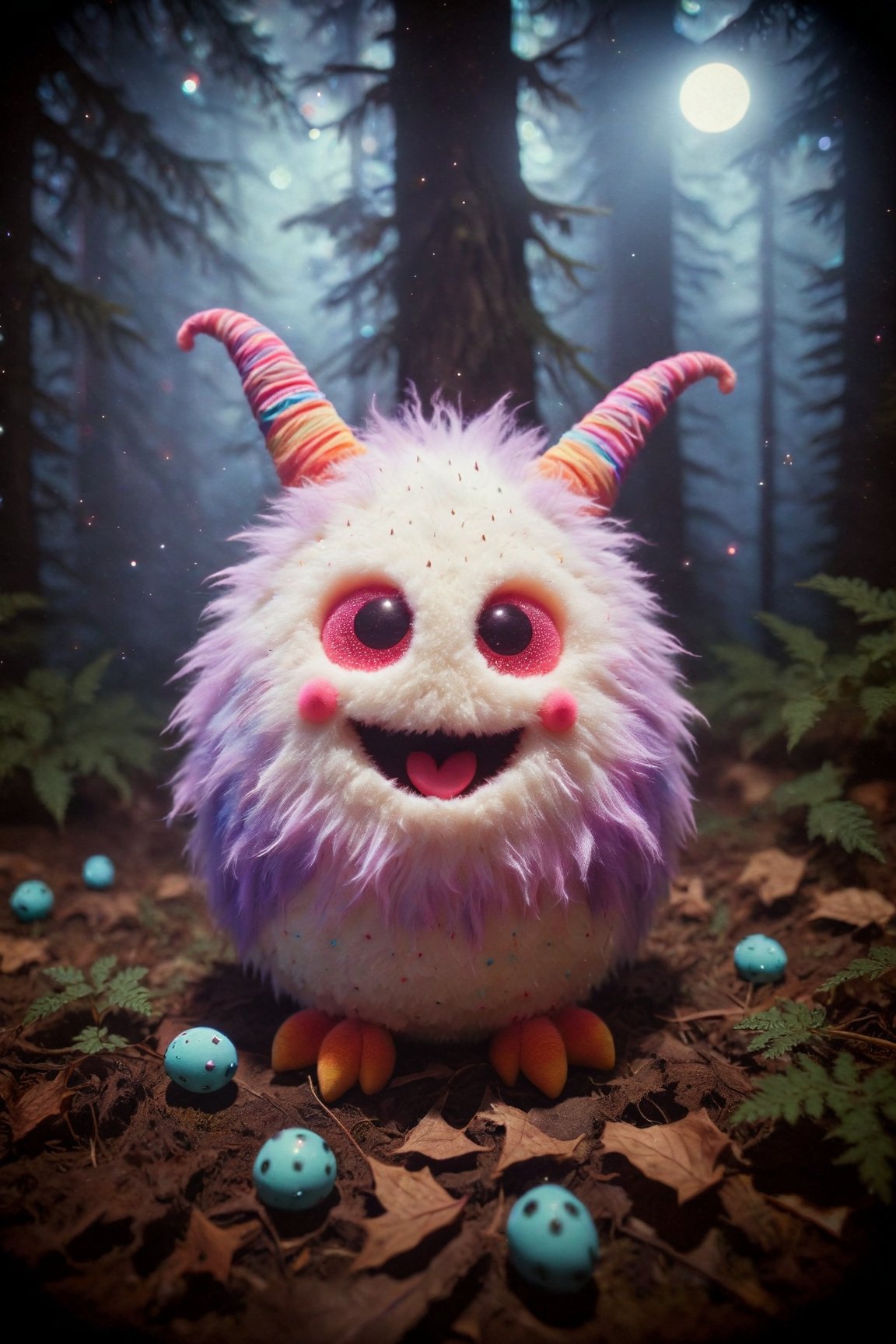 Light Cheery Atmosphere, photograph cinematic still robust bioluminescent vivid adorable cute smiling pink and purple polka-dotted furry egg-shaped mini-monster with furry hands and feet, glowing red eyes, horns, cute long fangs, rainbow wings, in the fabulous night forest, magical radiance, depth of field, realistic, cinematic lighting, soft shadows, asymmetrical fractal, colorful, volumetric lighting, wind, petals falling, moonlight, forest in background . emotional, harmonious, vignette, highly detailed, high budget, bokeh, cinemascope, moody, epic, gorgeous, film grain, grainy, 50mm , cinematic 4k epic detailed 4k epic detailed photograph shot on kodak detailed cinematic hbo dark moody, 35mm photo, grainy, vignette, vintage, Kodachrome, Lomography, stained, highly detailed, found footage, happy, joyful, cheerful, carefree, gleeful, lighthearted, pleasant atmosphere