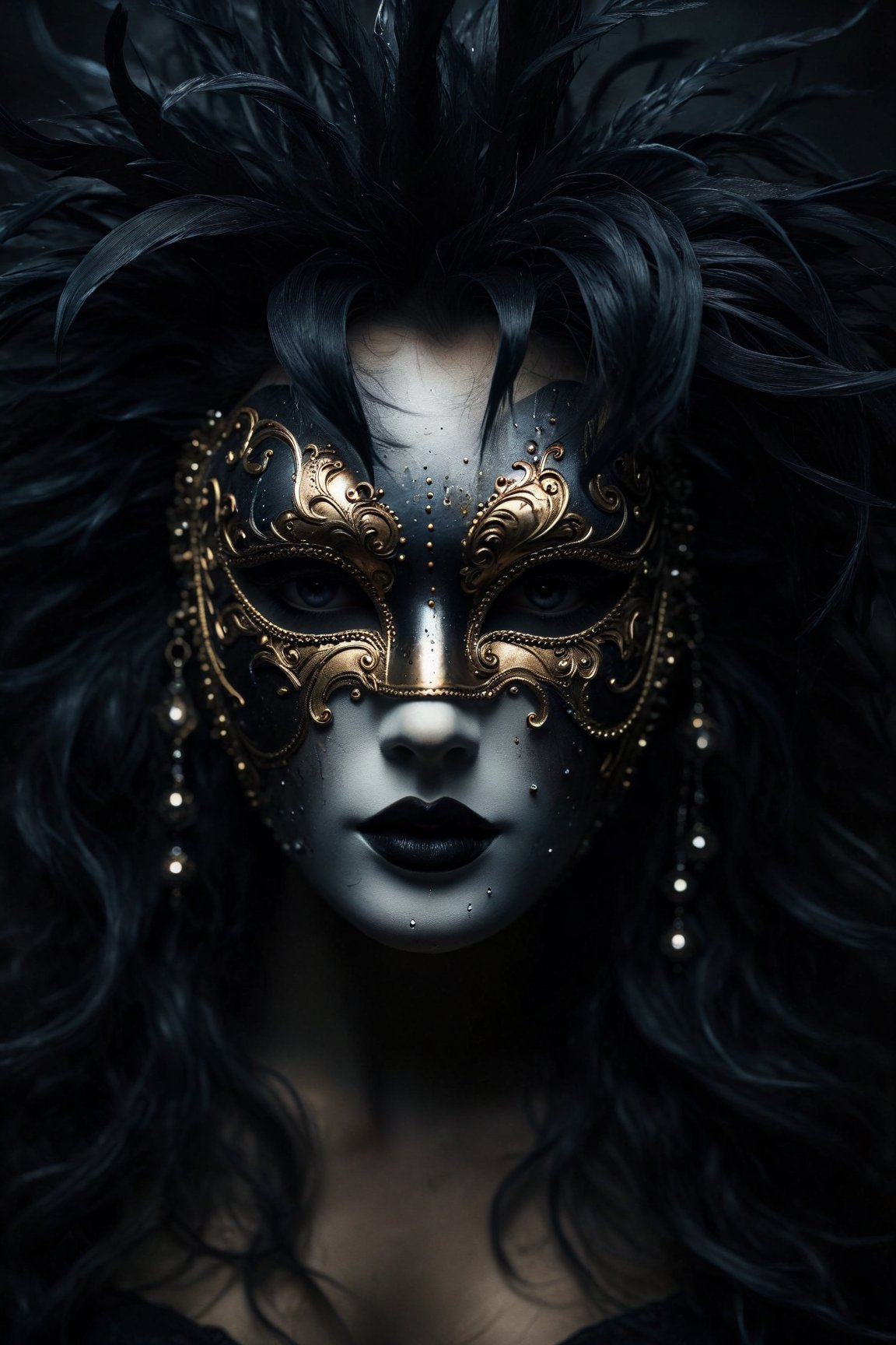 Dark Moody Atmosphere, (masterpiece), (best quality), (ultra-detailed), {A woman in a carnival mask}, disheveled hair, detailed eyes, perfect composition, moist skin, intricate details, earrings, dramatic, mysterious, dark moody atmosphere