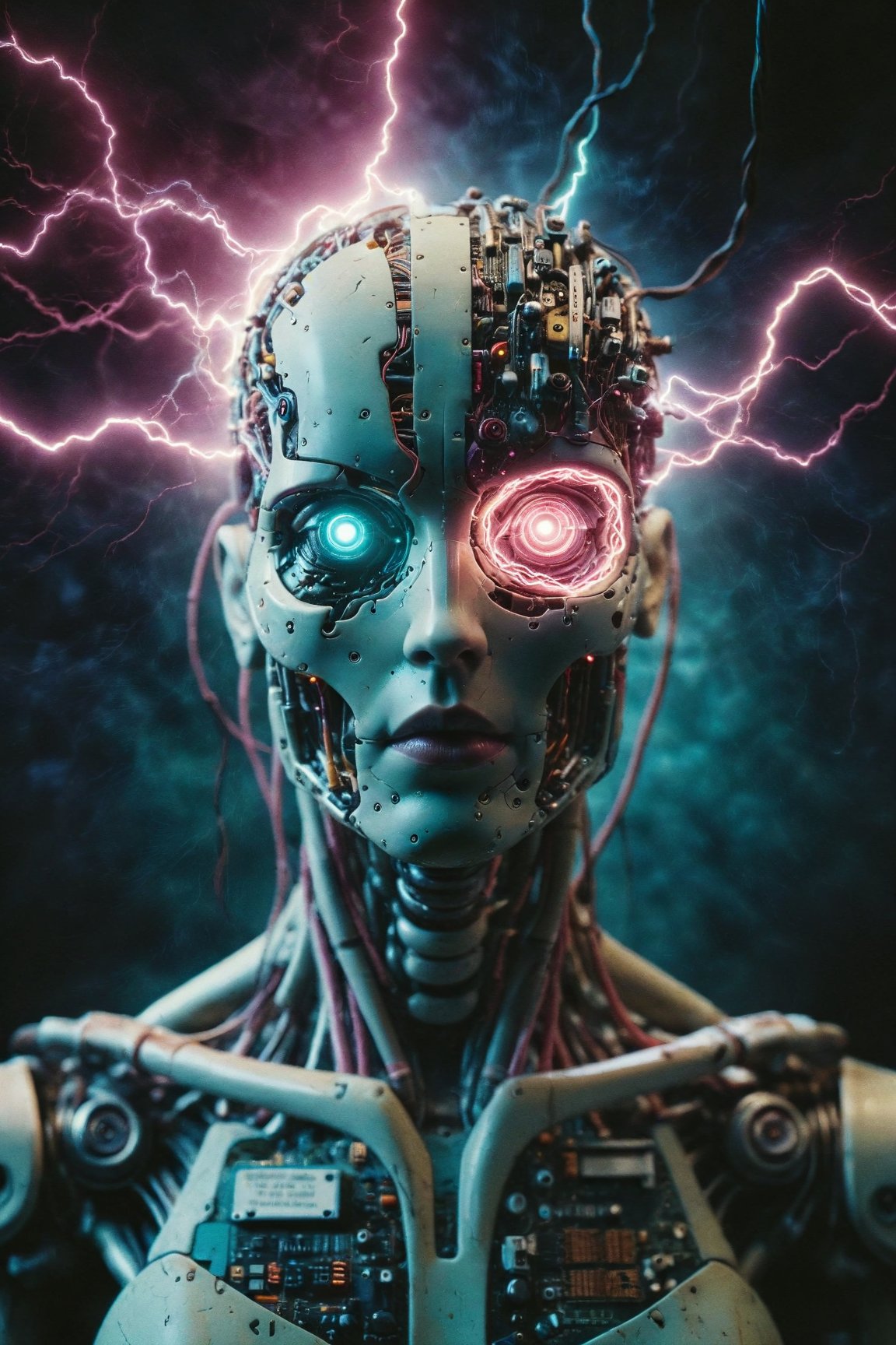 biomechanical style cinematic photo cinematic film still the head of a female cyborg, by Ralph McQuarrie, by Aaron Horkey, neon yellow lightning, neon teal lightning, neon magenta lightning, cables, wires, synthwave, vaporwave, retro futurism, circuitboard, dark futuristic, DonMW15pXL, floating, astral  , ziprealism, (masterpiece:1.2), best quality, (hyperdetailed, highest detailed:1.2), high resolution textures,, RAW candid cinema, 16mm, color graded portra 400 film, remarkable color, ultra realistic, textured skin, remarkable detailed pupils, realistic dull skin noise, visible skin detail, skin fuzz, dry skin, shot with cinematic camera . shallow depth of field, vignette, highly detailed, high budget, bokeh, cinemascope, moody, epic, gorgeous, film grain, grainy, 35mm photograph, film, bokeh, professional, 4k, highly detailed . blend of organic and mechanical elements, futuristic, cybernetic, detailed, intricate
