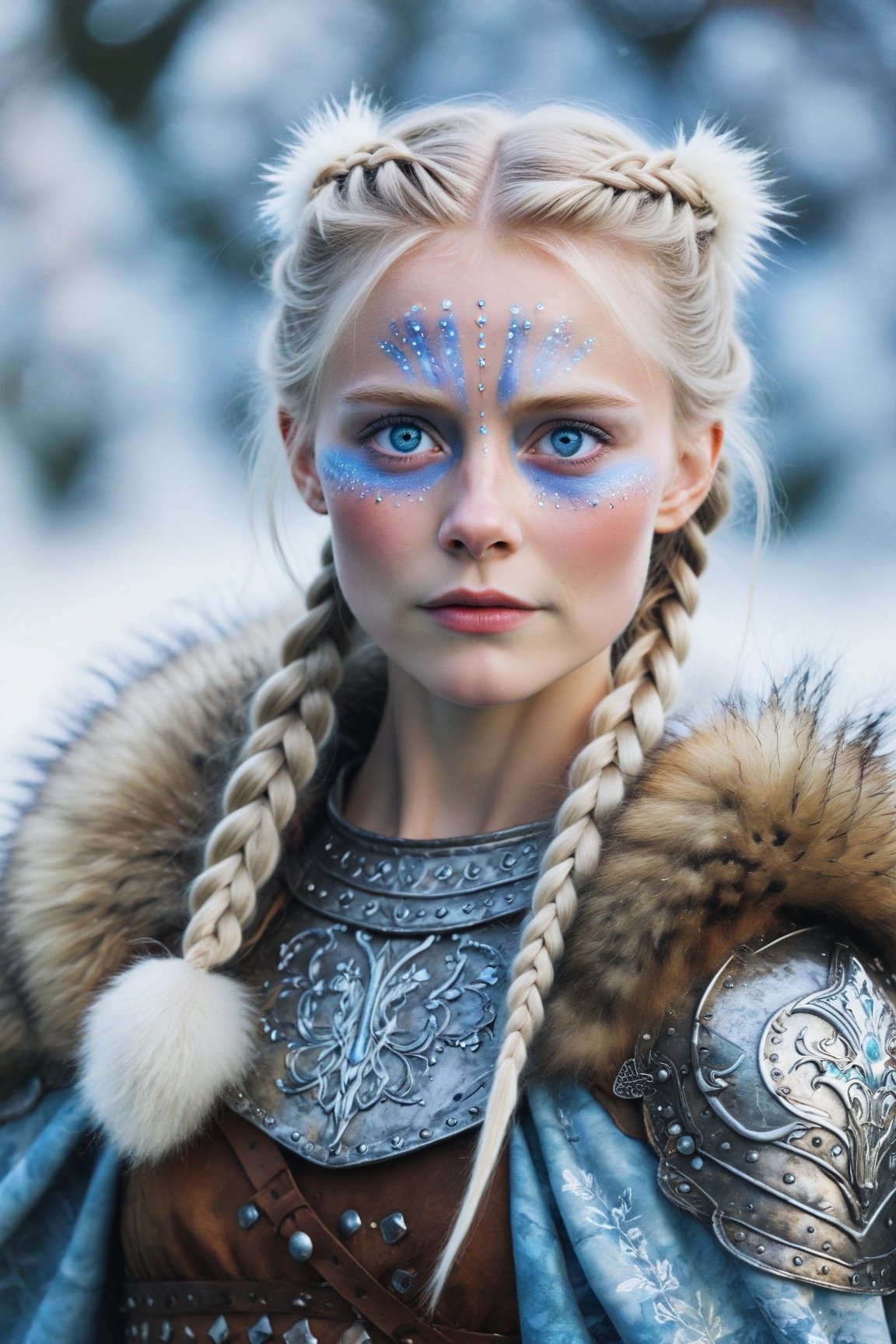 cinematic film still A fiercely proud Nordic girl stands, her presence exuding unwavering strength. Her blonde braids cascade down her back, framing a face marked by determination and resilience. This stunning portrait captures her piercing blue eyes, reflecting the icy landscapes of her homeland. The intricate details of her embroidered Viking armor and fur-lined cloak speak of her warrior spirit. This high-quality painting seamlessly combines power and grace, drawing the viewer into the captivating story of a fierce Nordic warrior princess. playful body manipulations, divine proportion, non-douche smile, gaze into the camera, holographic shimmer, whimsical lighting, enchanted ambiance, soft textures, imaginative artwork, ethereal glow, silent Luminescence, whispering Silent, iridescent Encounter, vibrant background, by Skyrn99, full body, (((rule of thirds))), high quality, high detail, high resolution, (bokeh:2), backlight, long exposure:2, shallow depth of field, vignette, highly detailed, high budget Hollywood film, bokeh, cinemascope, moody, epic, gorgeous, film grain
