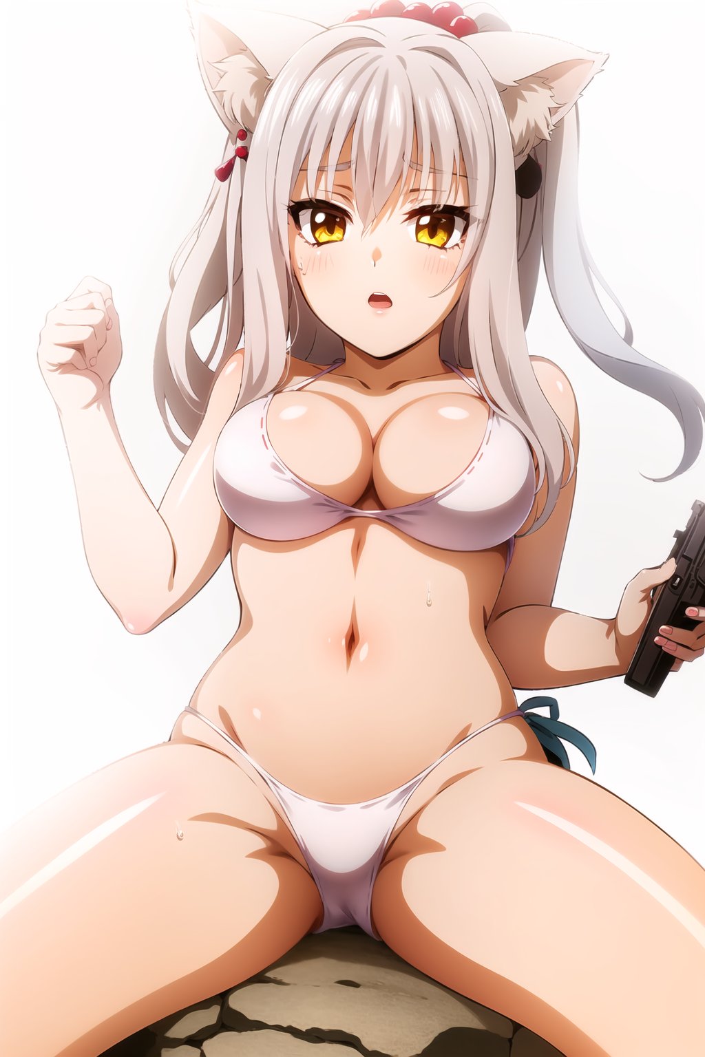 an anime girl in a bikini holding a gun while posing in front of a rock, 1girl, solo, animal ears, cat hair ornament, cat ears, hair ornament, yellow eyes, white background, white hair, navel, swimsuit, covering breasts, bikini