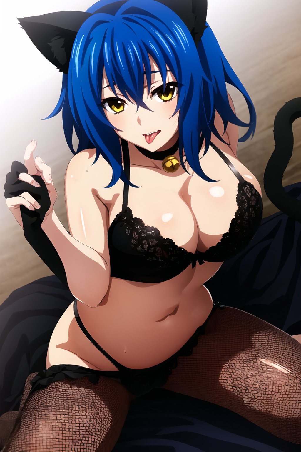 1girl, solo, animal ears, tail, breasts, cat ears, yellow eyes, blue hair, bra, underwear, large breasts, panties, cat tail, short hair, tongue, black bra, bell, blush, multicolored hair, green hair, fishnets, tongue out, cleavage, black panties, looking at viewer (Xenovia), beach background