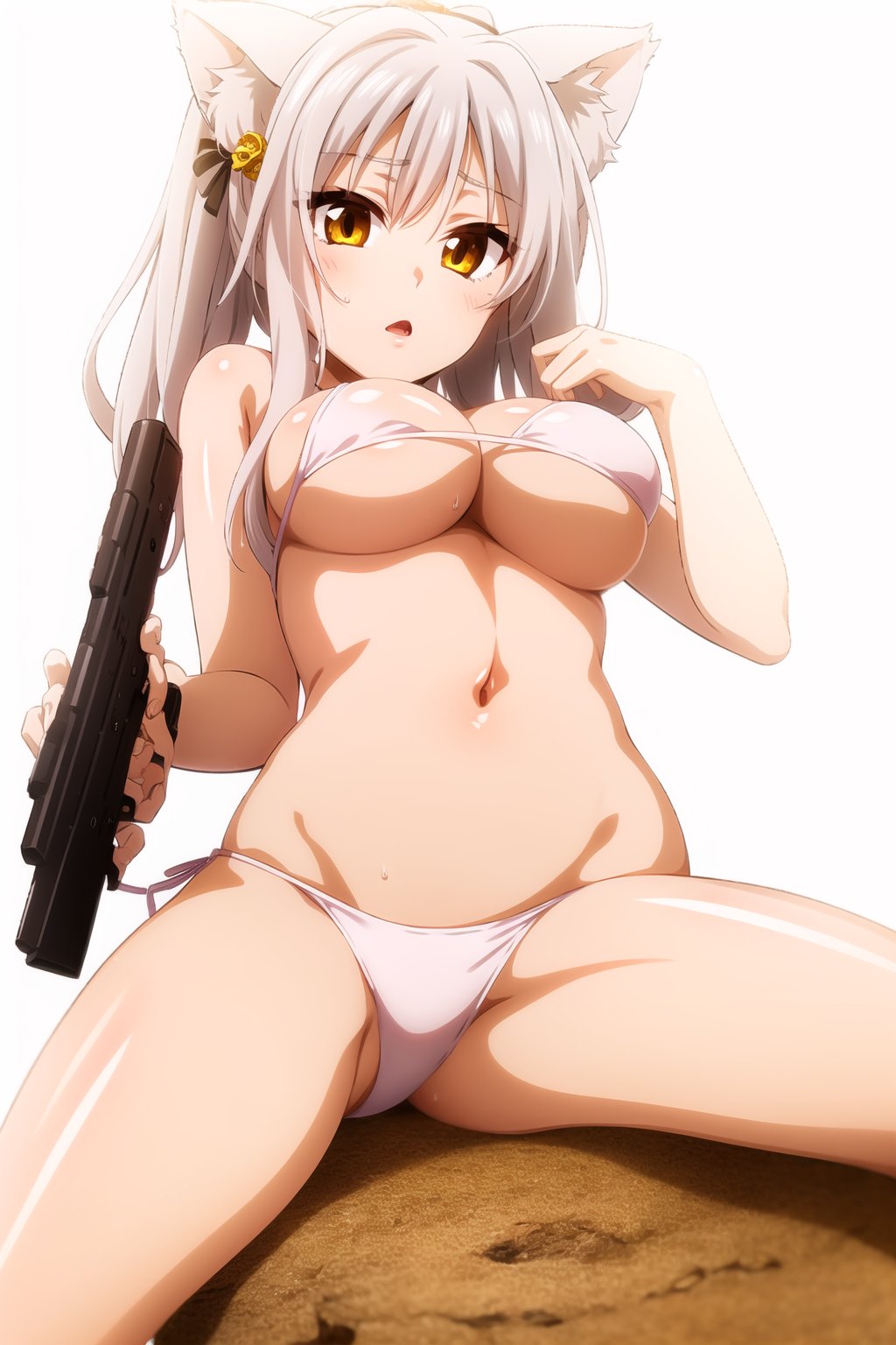 an anime girl in a bikini holding a gun while posing in front of a rock, 1girl, solo, animal ears, cat hair ornament, cat ears, hair ornament, yellow eyes, white background, white hair, navel, swimsuit, covering breasts, bikini