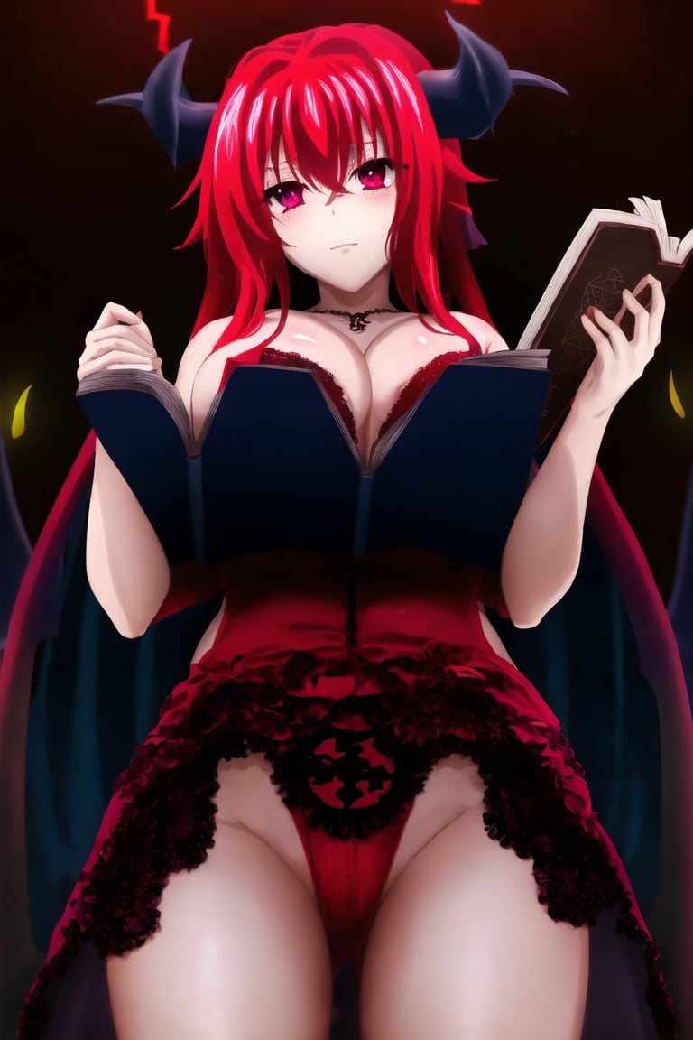 (seductive:1.2) (demoness:1.3) Rias Gremory from the anime series "High School DxD," exuding an aura of (power:1.2) and (confidence:1.2). She is adorned in her iconic (red lingerie:1.1) with (black lace:1.2) details, showcasing her (crimson hair:1.2) flowing elegantly. Rias holds a (magical book:1.2) with (glowing runes:1.3) and stands in a (darkened chamber:1.2) surrounded by (mystical shadows:1.2) and (fiery accents:1.2). Her (crimson eyes:1.2) gaze intensely at the viewer, embodying a mix of (temptation:1.2) and (mystery:1.2). (Rias), beach background