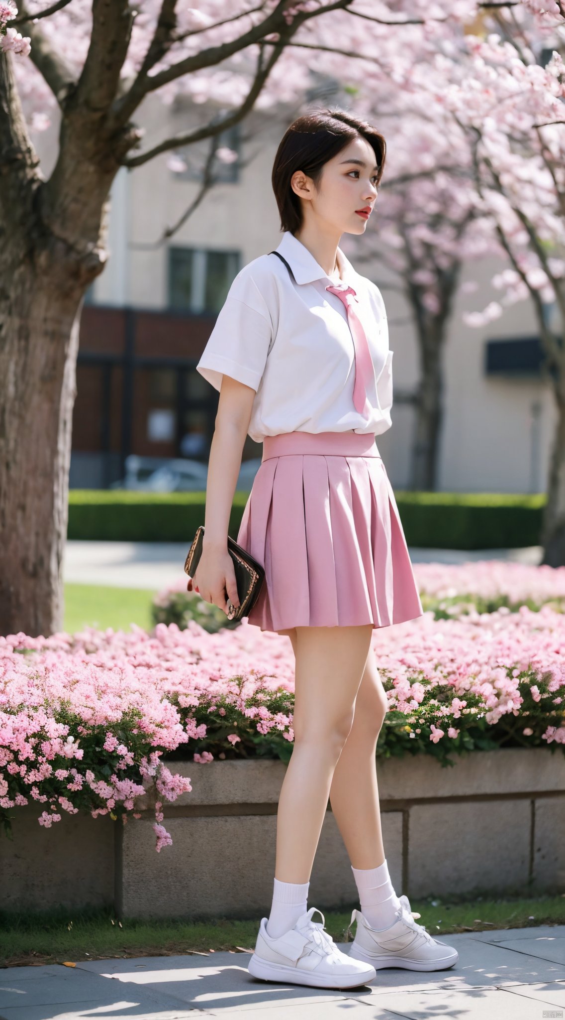  Best Quality, masterpiece, 16K, JK, uniform, 1 girl, blonde short hair, school uniform, pink skirt, sneakers, body, outdoor, petals falling, cherry blossom background, sports blurred background