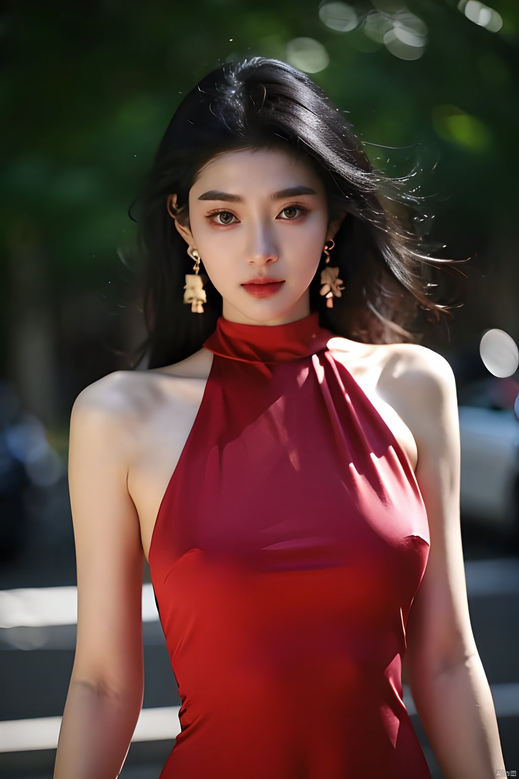  sdmai, hongchen, 1girl, solo, dress, red dress, black hair, realistic, breasts, jewelry, earrings, looking at viewer, bare shoulders