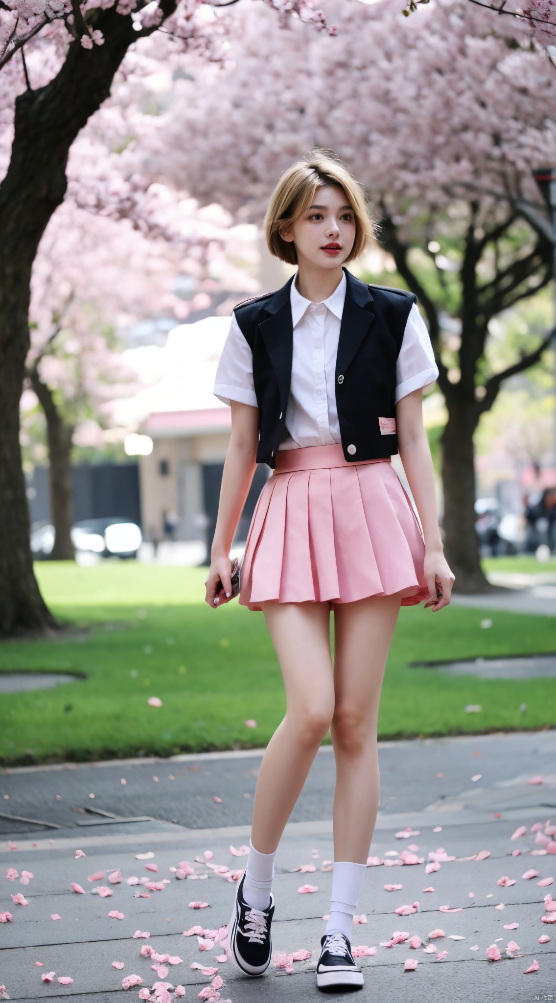  Best Quality, masterpiece, 16K, JK, uniform, 1 girl, blonde short hair, school uniform, pink skirt, sneakers, body, outdoor, petals falling, cherry blossom background, sports blurred background