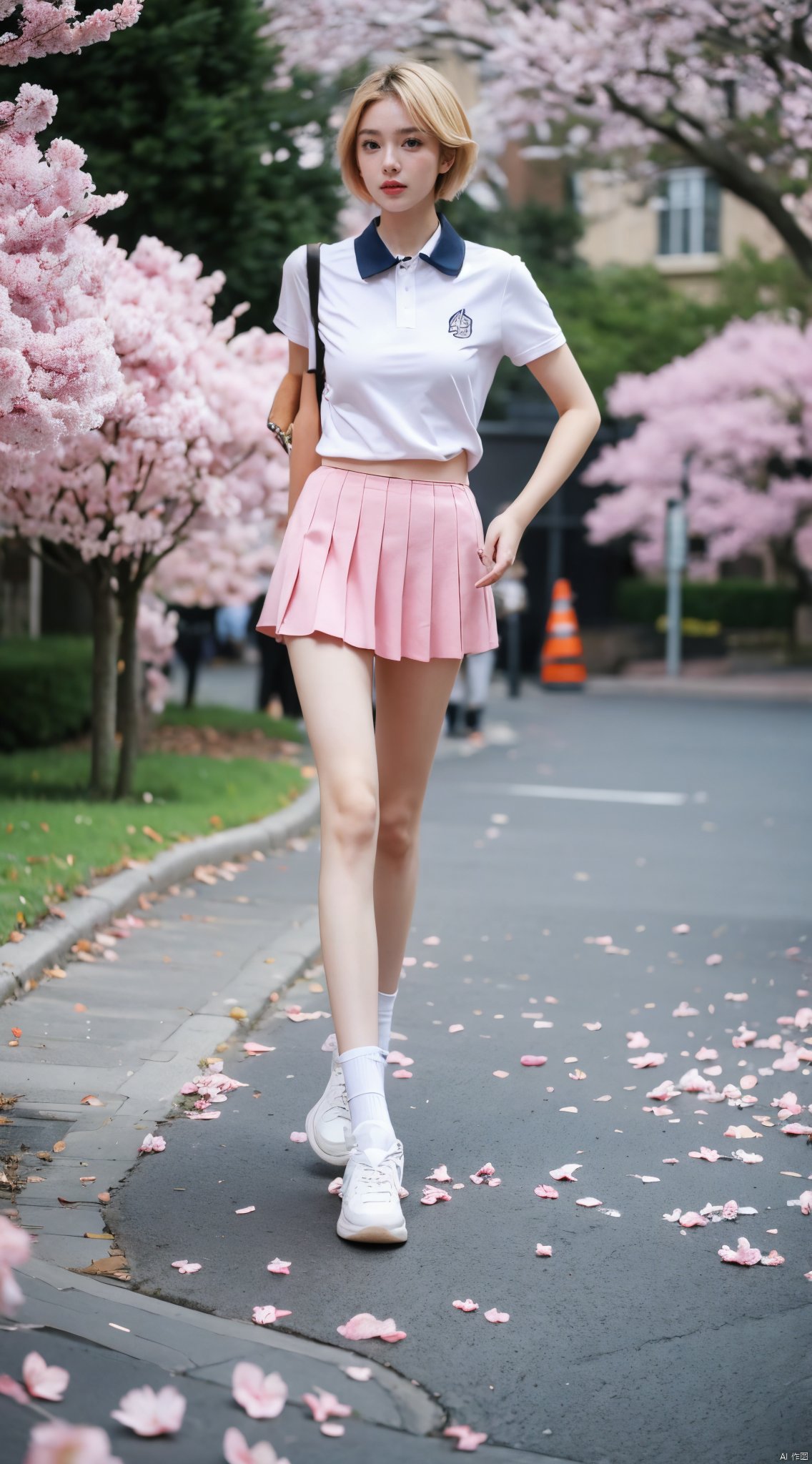  Best Quality, masterpiece, 16K, JK, uniform, 1 girl, blonde short hair, school uniform, pink skirt, sneakers, body, outdoor, petals falling, cherry blossom background, sports blurred background