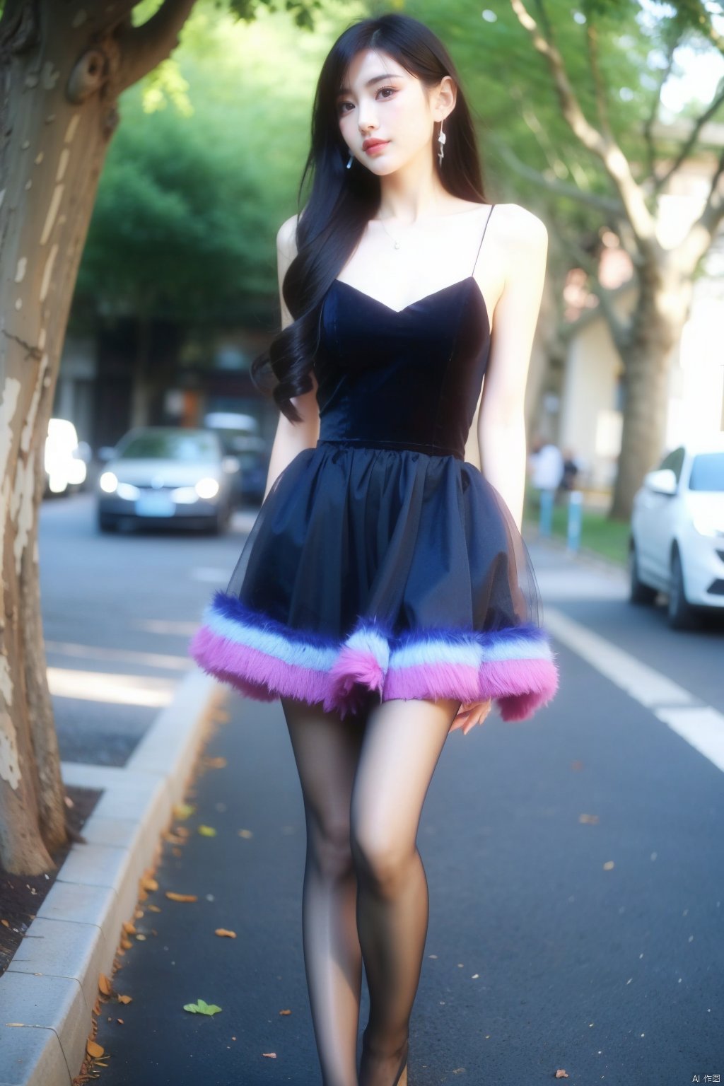  a dress,colorful dress, street view,looking_at_viewer, pantyhose, tifa, 1girl,