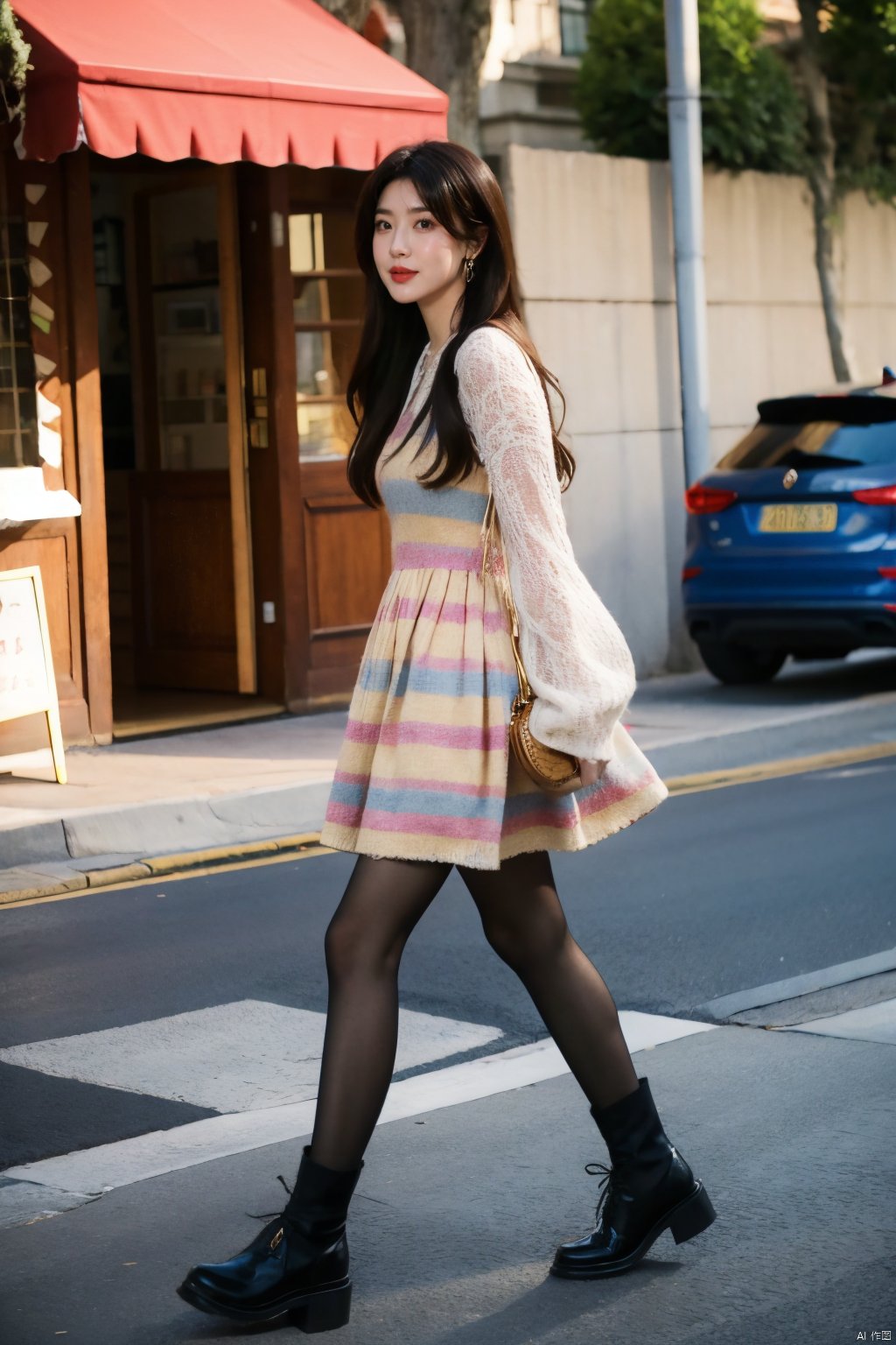  a dress,colorful dress, street view,looking_at_viewer, pantyhose, tifa, 1girl,