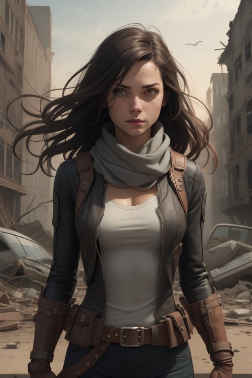 Illustration of a woman, science fiction, post-apocalpytic, ruined city, windblown hair, scarf, black hair, masterpiece, ligne claire