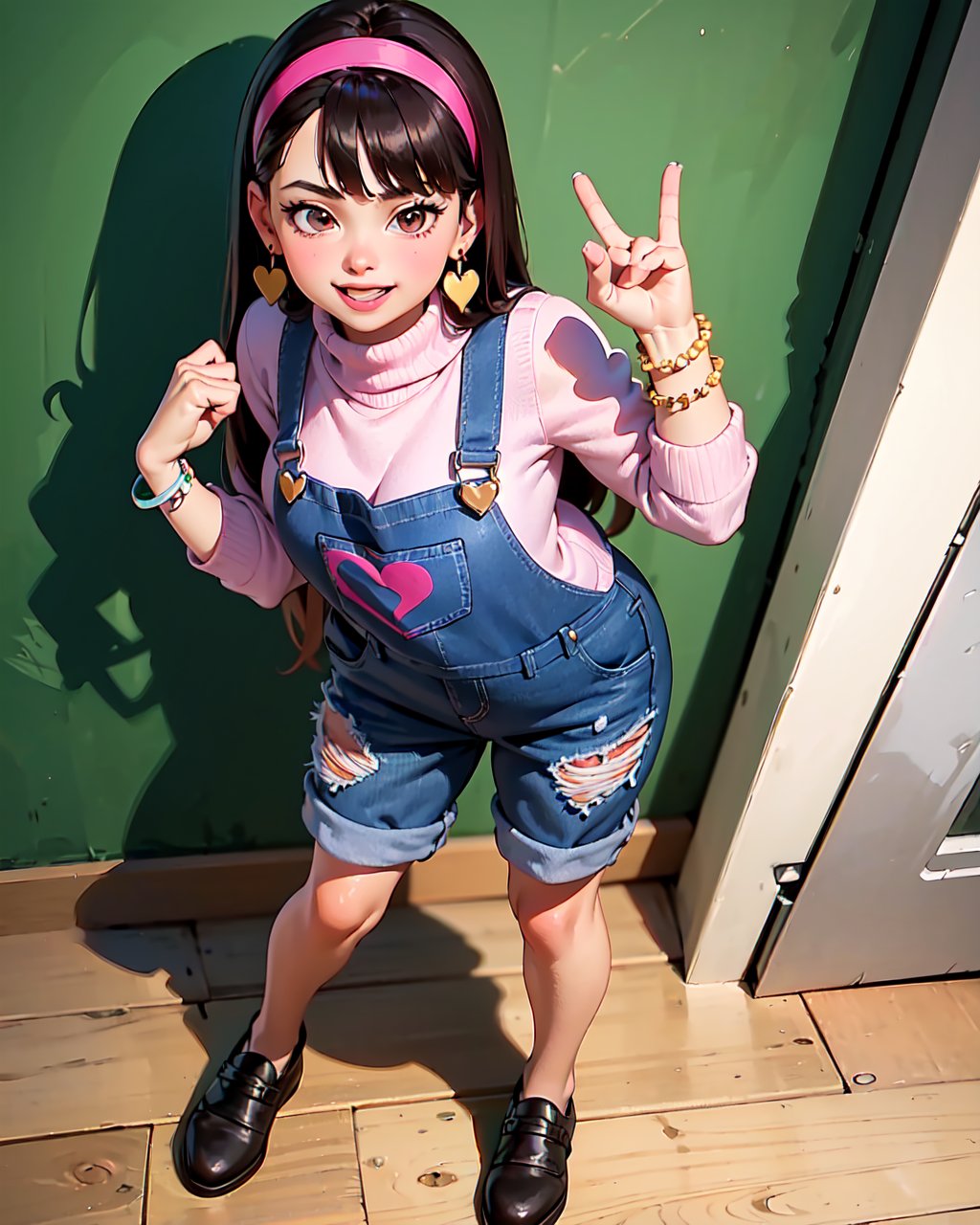 abby, 1girl, solo,  long hair, bangs,  black hair, jewelry, standing, full body, heart, hairband, earrings, bracelet, sweater, turtleneck, , overalls,  pink hairband, smile, pixar style, grown up, big breast, long legs, 