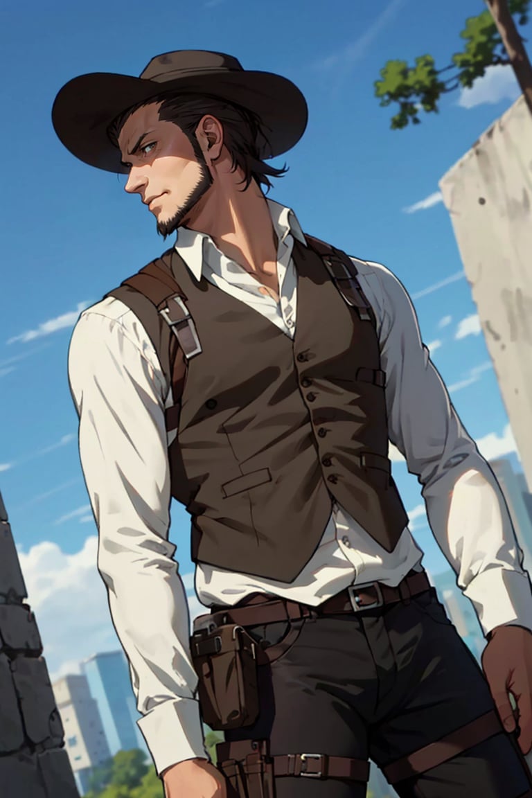 solo male, Kenny Ackerman, Attack on Titan Anime style, brown hair, hair slicked back, grey eyes, sideburns, thin beard along jawline, white collared shirt, long sleeves, (simple black vest, long vest), black pants, (dark fedora hat), (vertical maneuvering equipment, metal armor, holster), athletic build, middle-age, mature, handsome, charming, alluring, standing, upper body, perfect anatomy, perfect proportions, best quality, masterpiece, high_resolution, dutch angle, cowboy shot, photo background