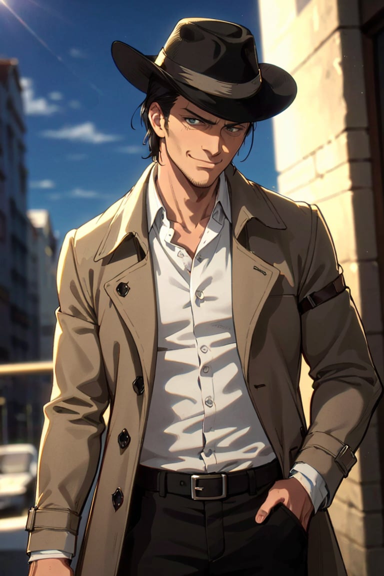 solo male, Kenny Ackerman, Attack on Titan Anime style, brown hair, hair slicked back, grey eyes, sideburns, shaved face, (white collared shirt), ((untucked shirt)), brown trench coat, (dark fedora hat), black pants, athletic build, mature, handsome, charming, alluring, smirk, standing, upper body, perfect anatomy, perfect proportions, best quality, masterpiece, high_resolution, dutch angle, cowboy shot, photo background, 