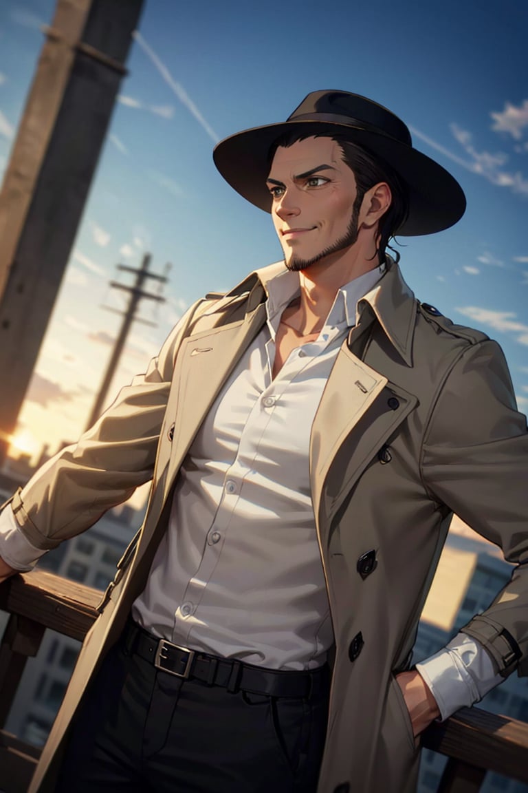 solo male, Kenny Ackerman, Attack on Titan Anime style, brown hair, hair slicked back, grey eyes, sideburns,  thin beard along jawline, shaved face, (white collared shirt), (black trench coat), (dark fedora hat), black pants, athletic build, mature, middle-age, handsome, charming, alluring, smirk, standing, upper body, perfect anatomy, perfect proportions, best quality, masterpiece, high_resolution, dutch angle, cowboy shot, photo background, 