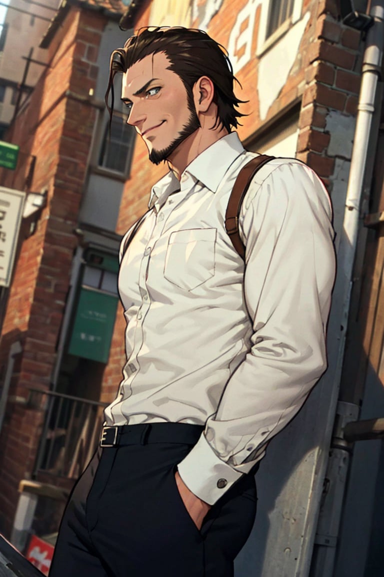 solo male, Kenny Ackerman, Attack on Titan Anime style, brown hair, hair slicked back, grey eyes, sideburns, thin beard along jawline, complete, topless, shirtless, (white collared shirt, open shirtm long sleeves), black pants, athletic build, middle-age, mature, handsome, charming, alluring, smirk, standing, upper body, perfect anatomy, perfect proportions, best quality, masterpiece, high_resolution, dutch angle, cowboy shot, photo background, 