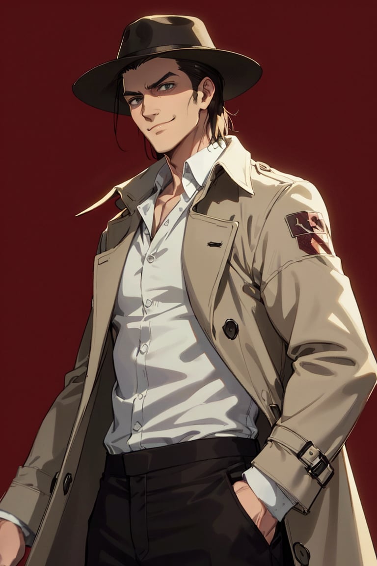 solo male, Kenny Ackerman, Attack on Titan Anime style, brown hair, hair slicked back, grey eyes, sideburns, shaved face, (white collared shirt), (untucked shir:1.5), brown trench coat, (dark fedora hat), black pants, athletic build, mature, handsome, charming, alluring, smirk, standing, upper body, perfect anatomy, perfect proportions, best quality, masterpiece, high_resolution, dutch angle, cowboy shot, photo background, 