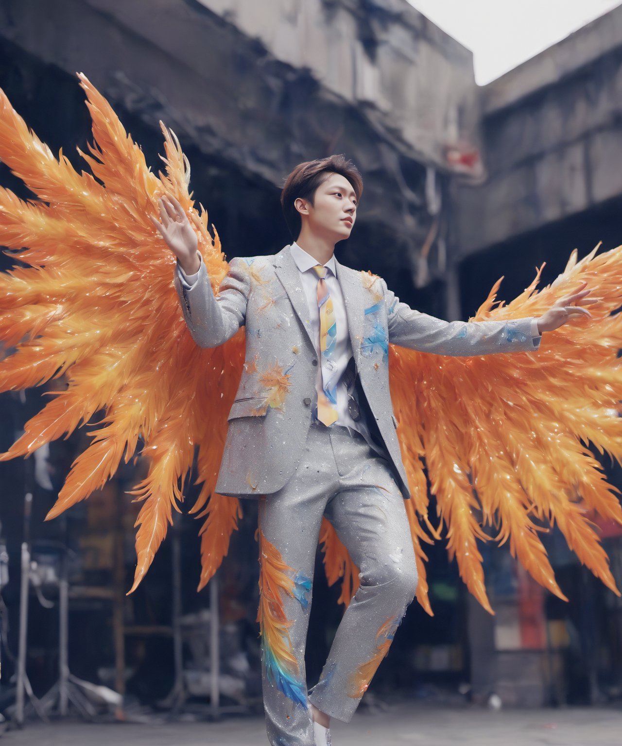 Create an image of a young man wearing a suit, featuring vibrant, crystal giant wings extending from his back. Random movement The background should be plain white, emphasizing the contrast and detailing of the beauty wings and the sharpness of the suit. The man should appear poised and elegant, with the wings unfurled to showcase a spectrum of vivid hues, blending seamlessly from one color to another. The focus should be on the meticulous details of the wings’ feathers and the suit’s fabric, capturing a harmonious blend of natural and refined elements, wings,Stylish, close up,l3min,wings,xxmixgirl