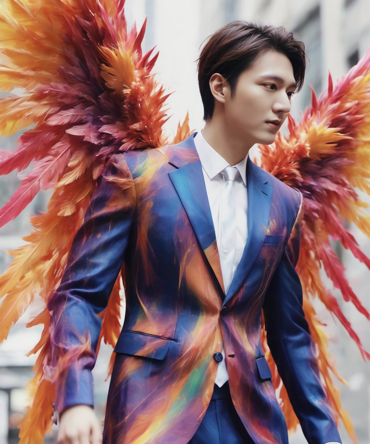 Create an image of a young man wearing a suit, featuring vibrant, crystal giant wings extending from his back. Random movement The background should be plain white, emphasizing the contrast and detailing of the beauty wings and the sharpness of the suit. The man should appear poised and elegant, with the wings unfurled to showcase a spectrum of vivid hues, blending seamlessly from one color to another. The focus should be on the meticulous details of the wings’ feathers and the suit’s fabric, capturing a harmonious blend of natural and refined elements, wings,Stylish, close up,l3min,wings,xxmixgirl