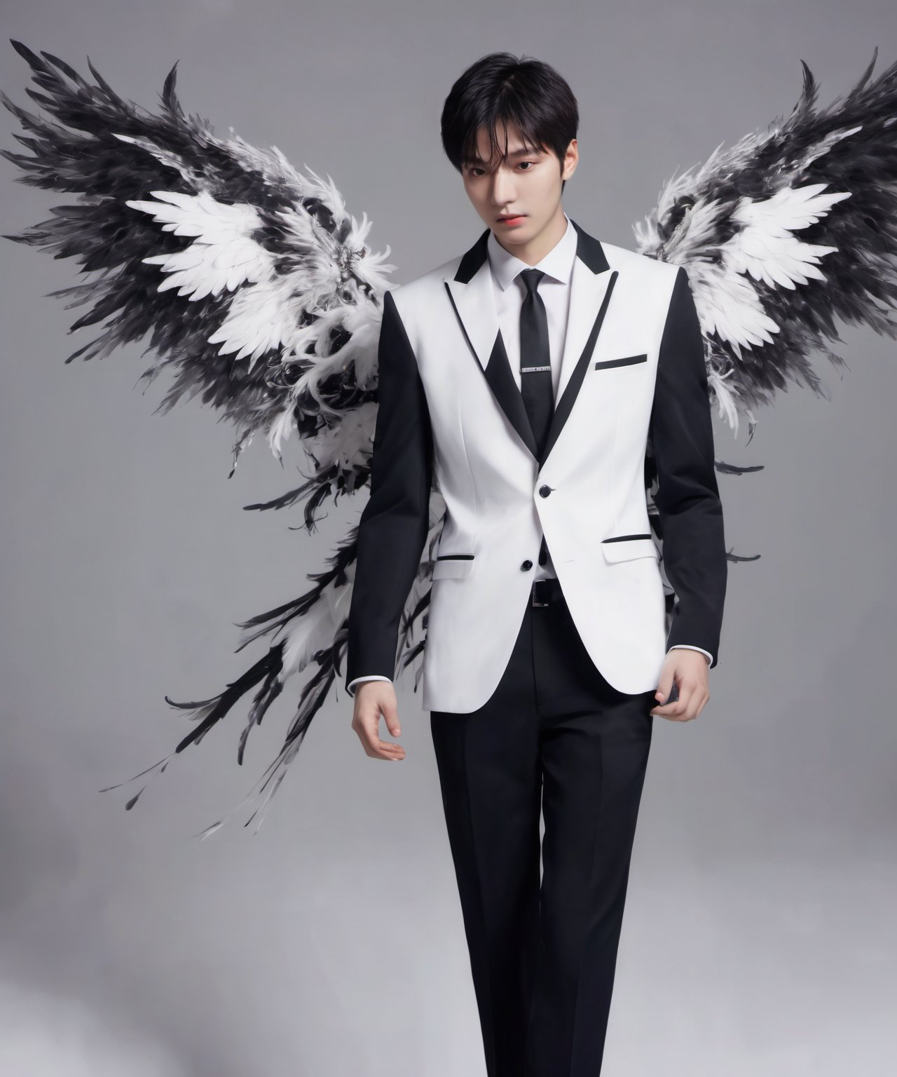 Create an image of a young man wearing a suit, featuring vibrant, black and white wings extending from his back. Random movement The background should be plain white, emphasizing the contrast and detailing of the beauty wings and the sharpness of the suit. The man should appear poised and elegant, with the wings unfurled to showcase a spectrum of vivid hues, blending seamlessly from one color to another. The focus should be on the meticulous details of the wings’ feathers and the suit’s fabric, capturing a harmonious blend of natural and refined elements, wings,Stylish, close up,l3min,wings,xxmixgirl