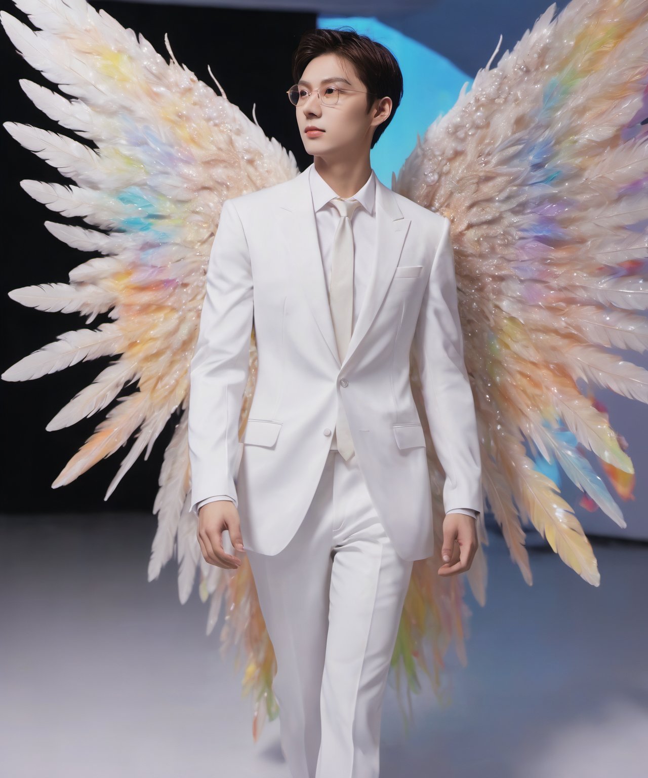 Create an image of a young man wearing a suit, featuring vibrant, crystal giant wings extending from his back. Random movement The background should be plain white, emphasizing the contrast and detailing of the beauty wings and the sharpness of the suit. The man should appear poised and elegant, with the wings unfurled to showcase a spectrum of vivid hues, blending seamlessly from one color to another. The focus should be on the meticulous details of the wings’ feathers and the suit’s fabric, capturing a harmonious blend of natural and refined elements, wings,Stylish, close up,l3min,wings,xxmixgirl