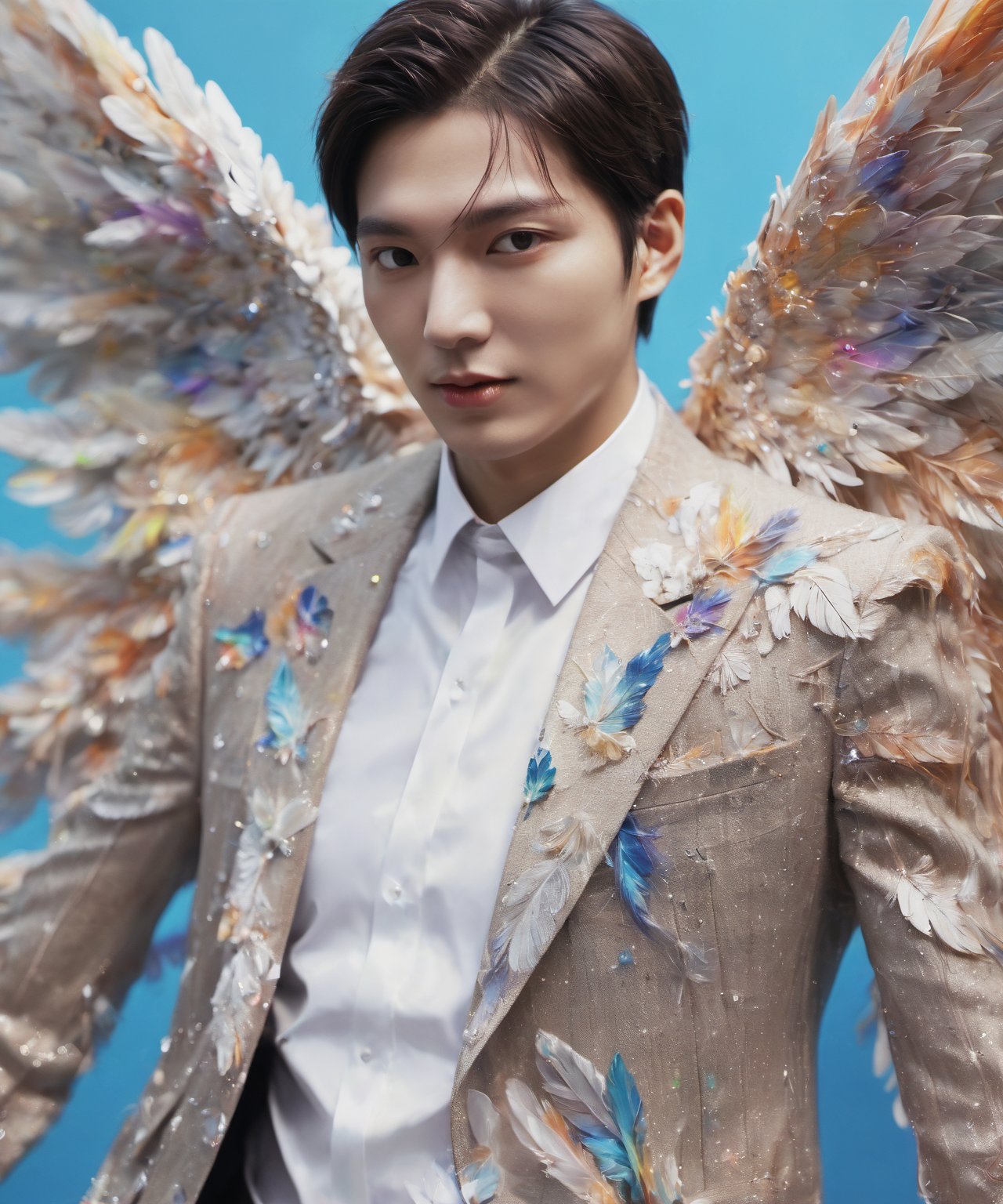 Create an image of a young man wearing a suit, featuring vibrant, crystal wings extending from his back. Random movement The background should be plain white, emphasizing the contrast and detailing of the beauty wings and the sharpness of the suit. The man should appear poised and elegant, with the wings unfurled to showcase a spectrum of vivid hues, blending seamlessly from one color to another. The focus should be on the meticulous details of the wings’ feathers and the suit’s fabric, capturing a harmonious blend of natural and refined elements, wings,Stylish, close up,l3min,wings,xxmixgirl