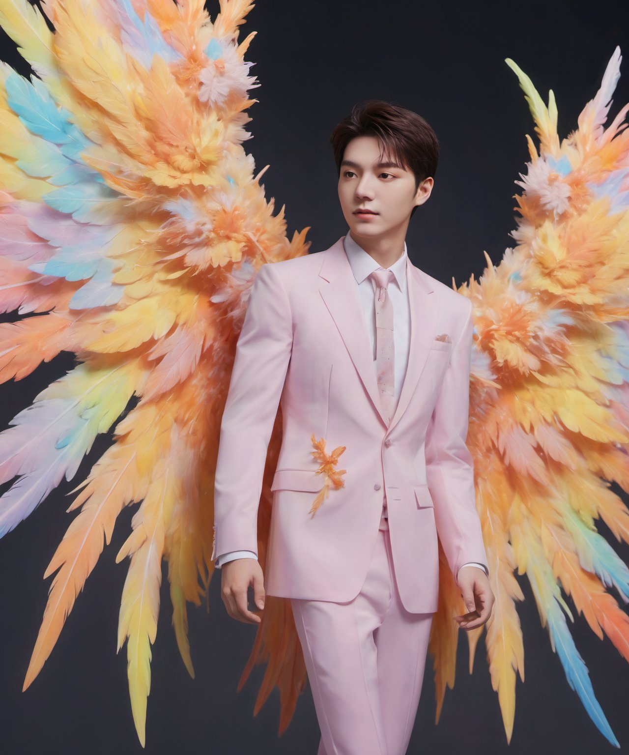 Create an image of a young man wearing a suit, featuring vibrant, crystal giant wings extending from his back. Random movement The background should be plain white, emphasizing the contrast and detailing of the beauty wings and the sharpness of the suit. The man should appear poised and elegant, with the wings unfurled to showcase a spectrum of vivid hues, blending seamlessly from one color to another. The focus should be on the meticulous details of the wings’ feathers and the suit’s fabric, capturing a harmonious blend of natural and refined elements, wings,Stylish, close up,l3min,wings,xxmixgirl
