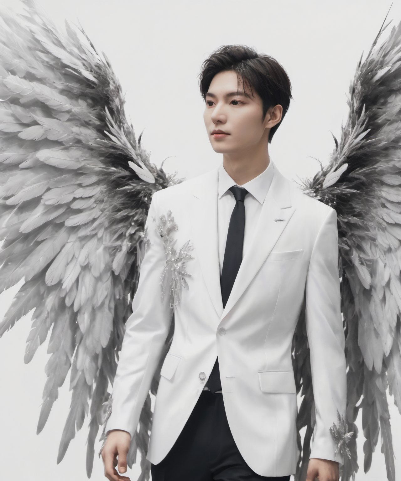 Create an image of a young man wearing a suit, featuring vibrant, crystal giant's  wings extending from his back. Random movement The background should be plain white, emphasizing the contrast and detailing of the beauty wings and the sharpness of the suit. The man should appear poised and elegant, with the wings unfurled to showcase a spectrum of vivid hues, blending seamlessly from one color to another. The focus should be on the meticulous details of the wings’ feathers and the suit’s fabric, capturing a harmonious blend of natural and refined elements, wings,Stylish, close up,l3min,wings,xxmixgirl