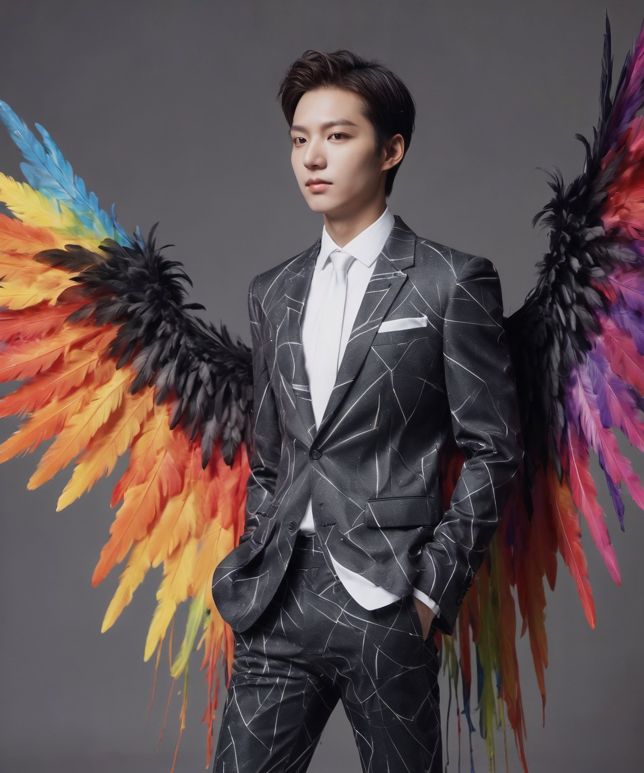 Create an image of a young man wearing a suit, featuring vibrant, black and white wings extending from his back. Random movement The background should be plain white, emphasizing the contrast and detailing of the beauty wings and the sharpness of the suit. The man should appear poised and elegant, with the wings unfurled to showcase a spectrum of vivid hues, blending seamlessly from one color to another. The focus should be on the meticulous details of the wings’ feathers and the suit’s fabric, capturing a harmonious blend of natural and refined elements, wings,Stylish, close up,l3min,wings,xxmixgirl